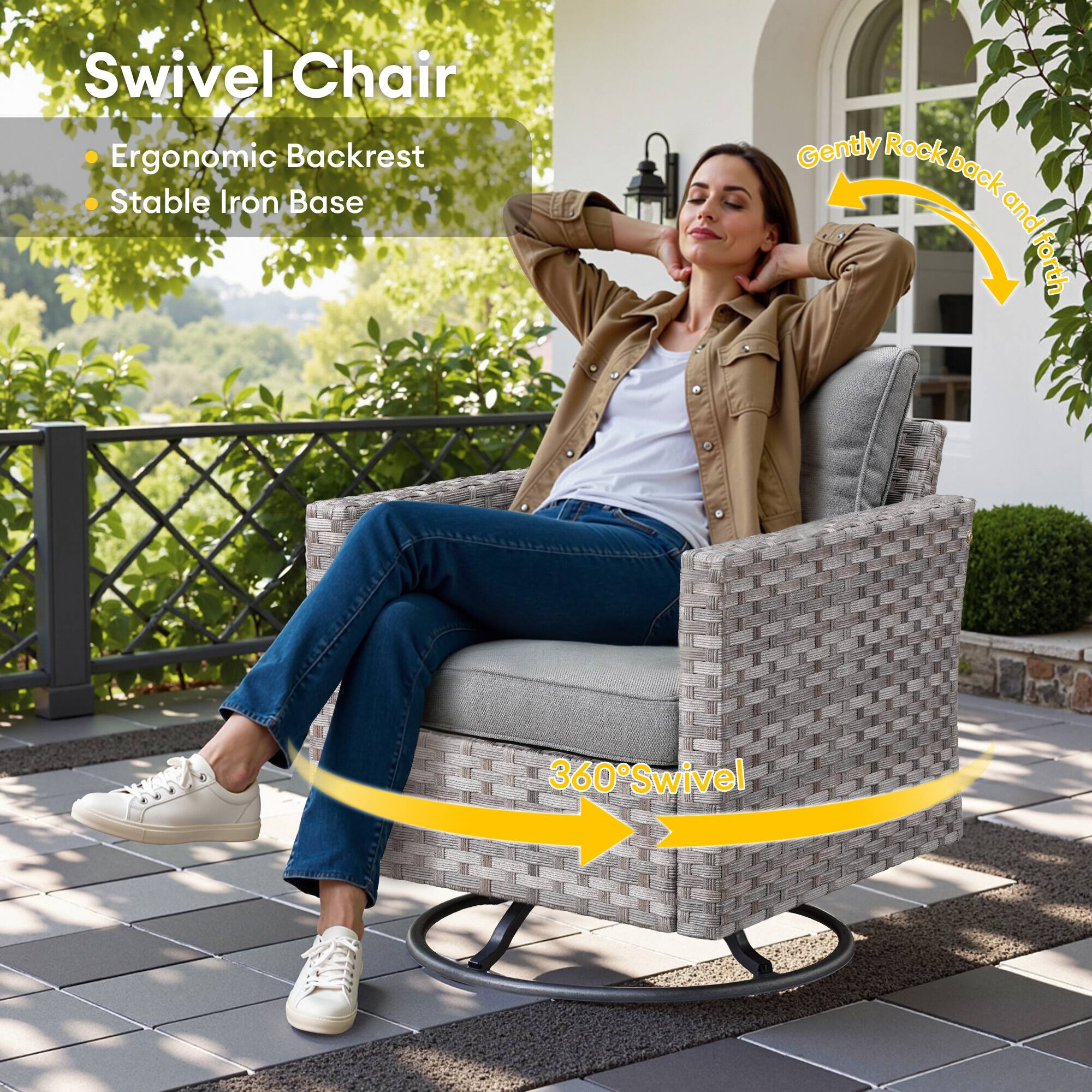 Swivel Chair  
Ergonomic Backrest  
Stable Iron Base  
Gently Rock back and forth  
360° Swivel