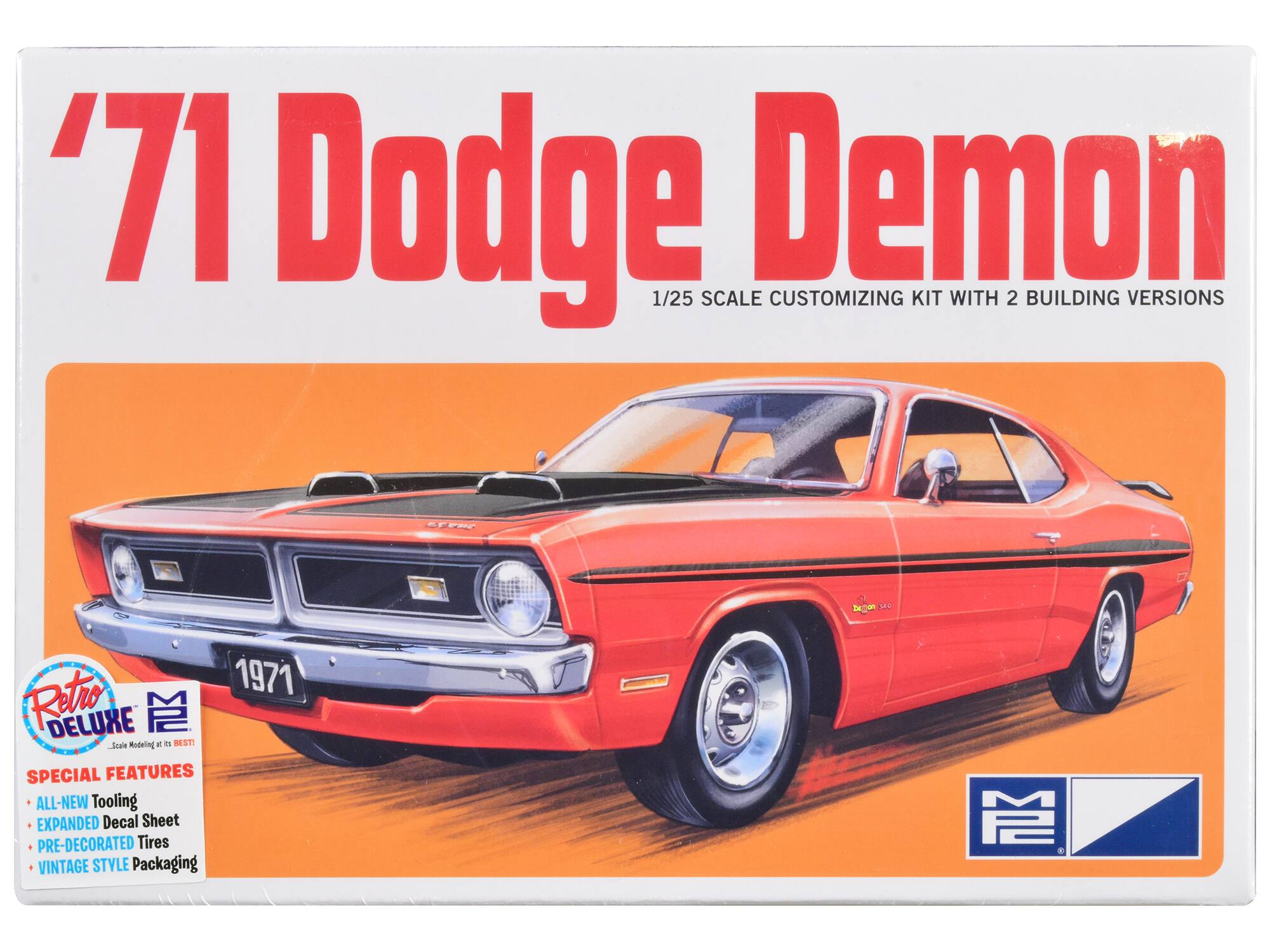 '71 Dodge Demon  
1/25 Scale Customizing Kit with 2 Building Versions  

Retro Deluxe  
Scale Modeling at its BEST!  

Special Features:  
- All-New Tooling  
- Expanded Decal Sheet  
- Pre-Decorated Tires  
- Vintage Style Packaging
