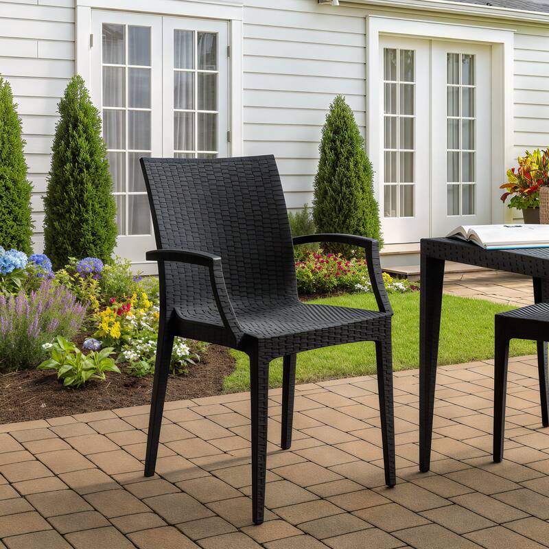 Angle. LeisureMod - Mace 4-Pieces Modern Woven Pattern Dining Chairs - Waterproof Stackable Indoor Outdoor Patio Chairs - Black.