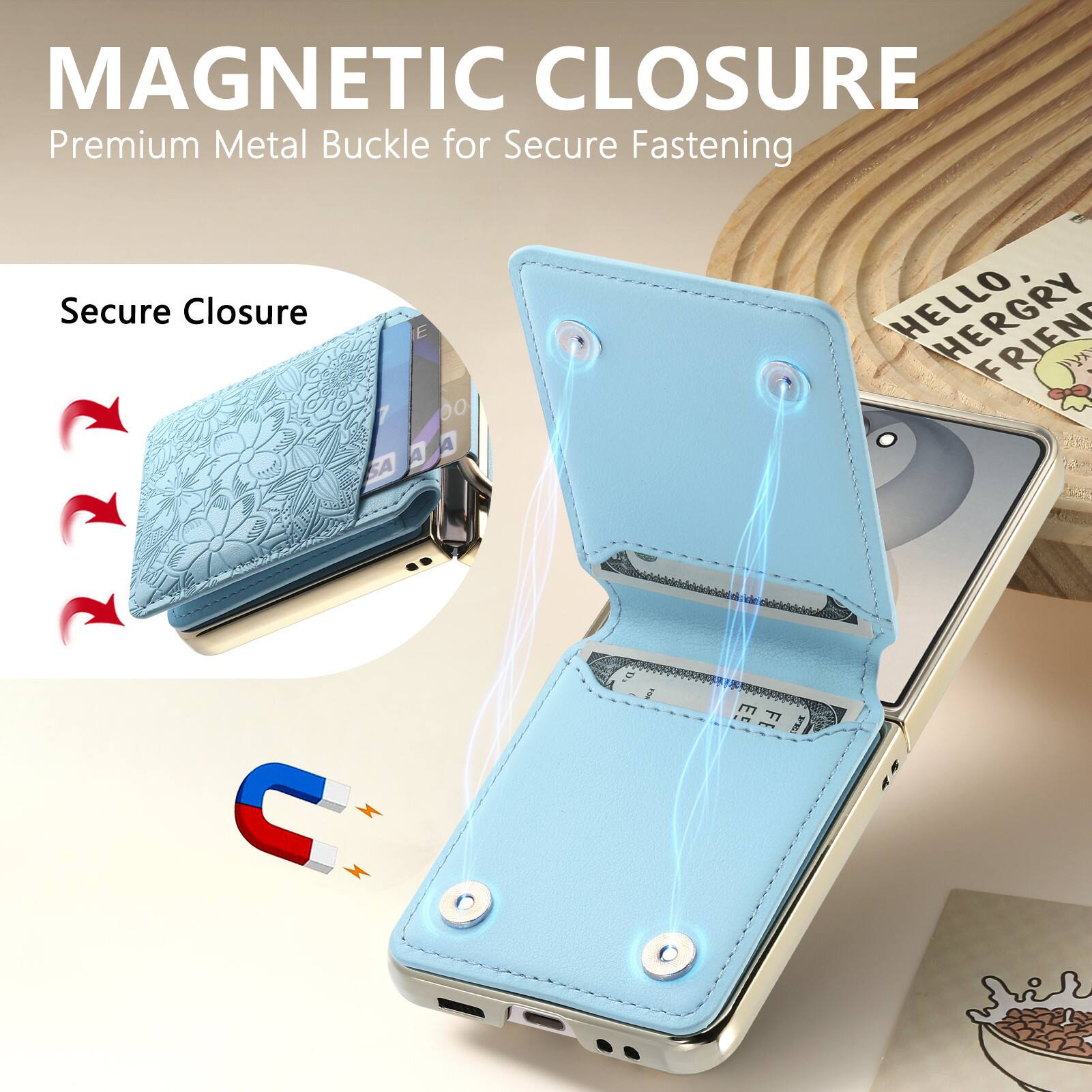 MAGNETIC CLOSURE  
Premium Metal Buckle for Secure Fastening  
Secure Closure  

HELLO, HERGRY FRIEND