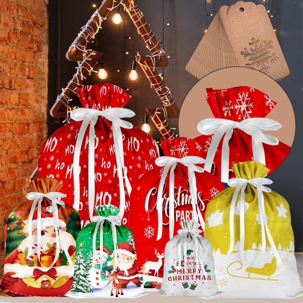 MOVSSOU - Christmas Gift Bags 34Pcs Drawstrings Gift Bag Christmas Bags For Gifts Xmas Presents Wrapping Bags - Red