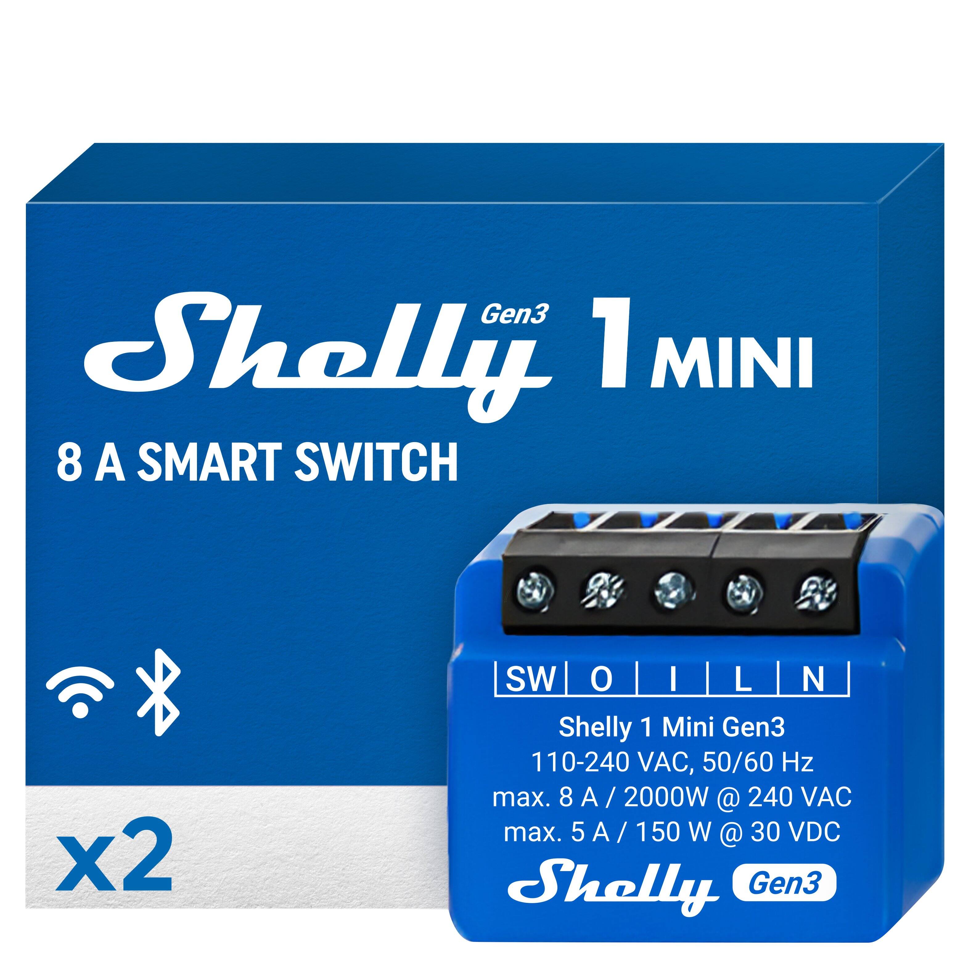 Shelly 1 Mini Gen3  
8 A SMART SWITCH  
x2  

Shelly 1 Mini Gen3  
110-240 VAC, 50/60 Hz  
max. 8 A / 2000W @ 240 VAC  
max. 5 A / 150 W @ 30 VDC  

SW O I L N