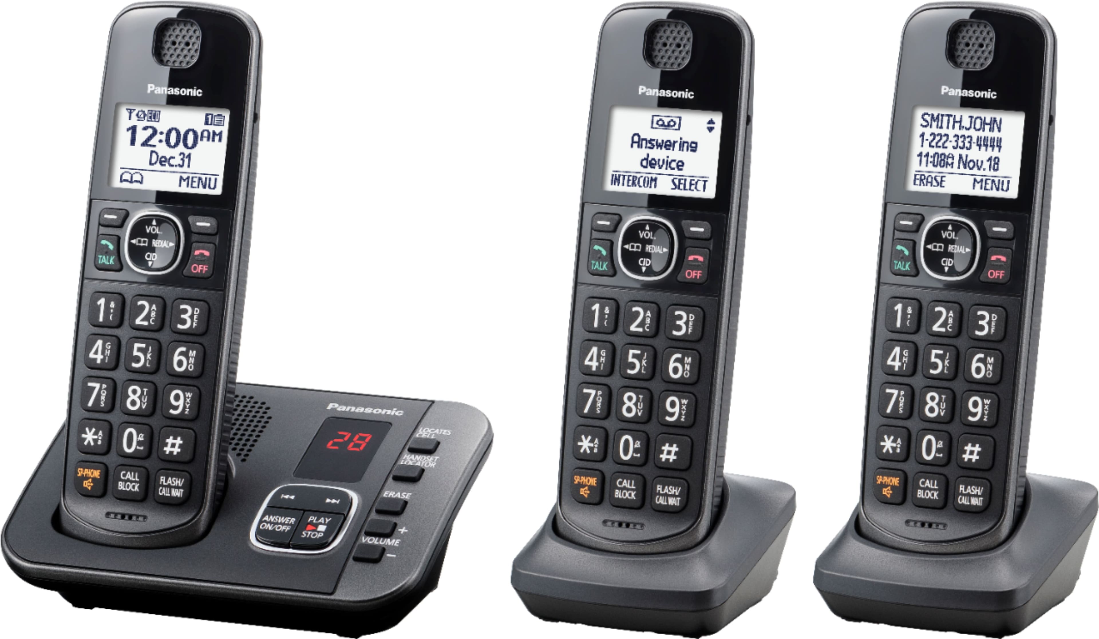 Left. Panasonic - KX-TGE633M DECT 6.0 Expandable Cordless Phone System with Digital Answering System - Metallic Black.