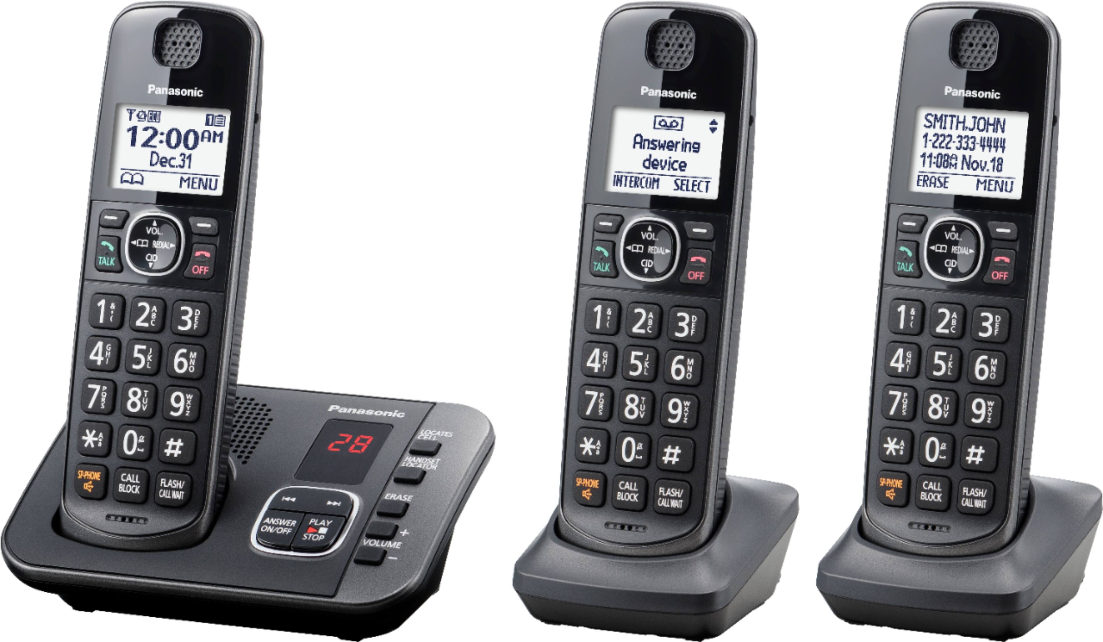 Left. Panasonic - KX-TGE633M DECT 6.0 Expandable Cordless Phone System with Digital Answering System - Metallic Black.