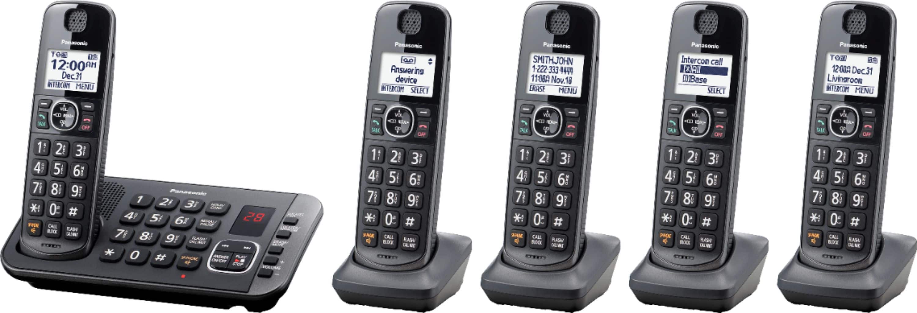 Left. Panasonic - KX-TGE645M DECT 6.0 Expandable Cordless Phone System with Digital Answering System - Metallic Black.