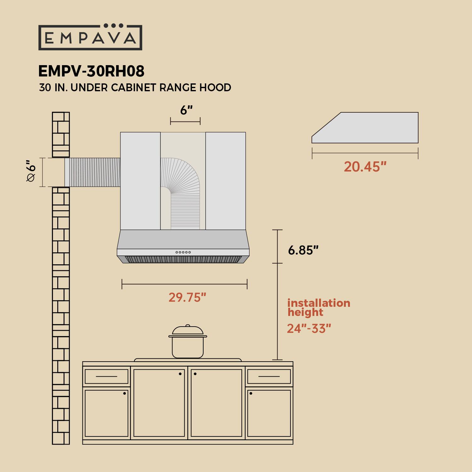 EMPAVA EMPV-30RH08 30 IN. UNDER CABINET RANGE HOOD 6" 6" 20.45" ...O 6.85" 29.75" installation height 24"-33"