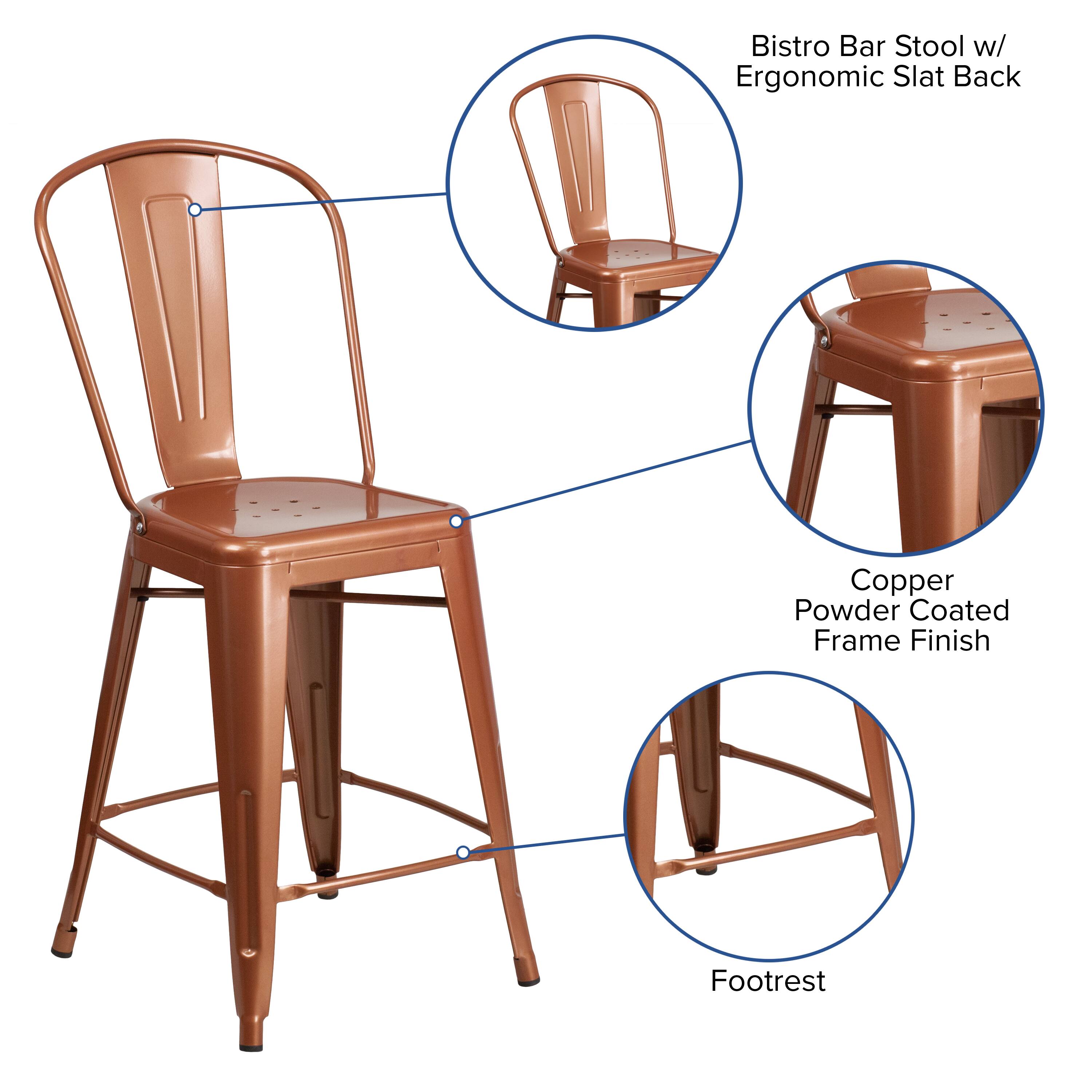Bistro Bar Stool w/ Ergonomic Slat Back  
Copper Powder Coated Frame Finish  
Footrest