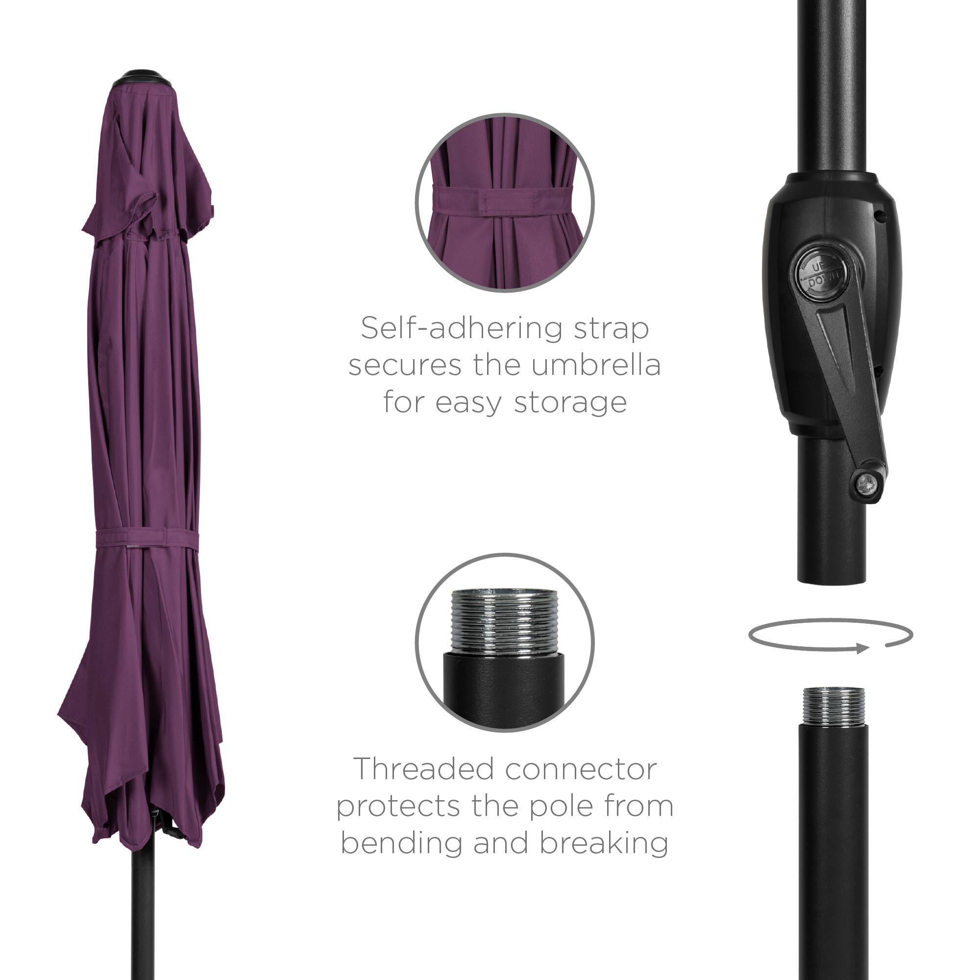 - Self-adhering strap secures the umbrella for easy storage
- Threaded connector protects the pole from bending and breaking