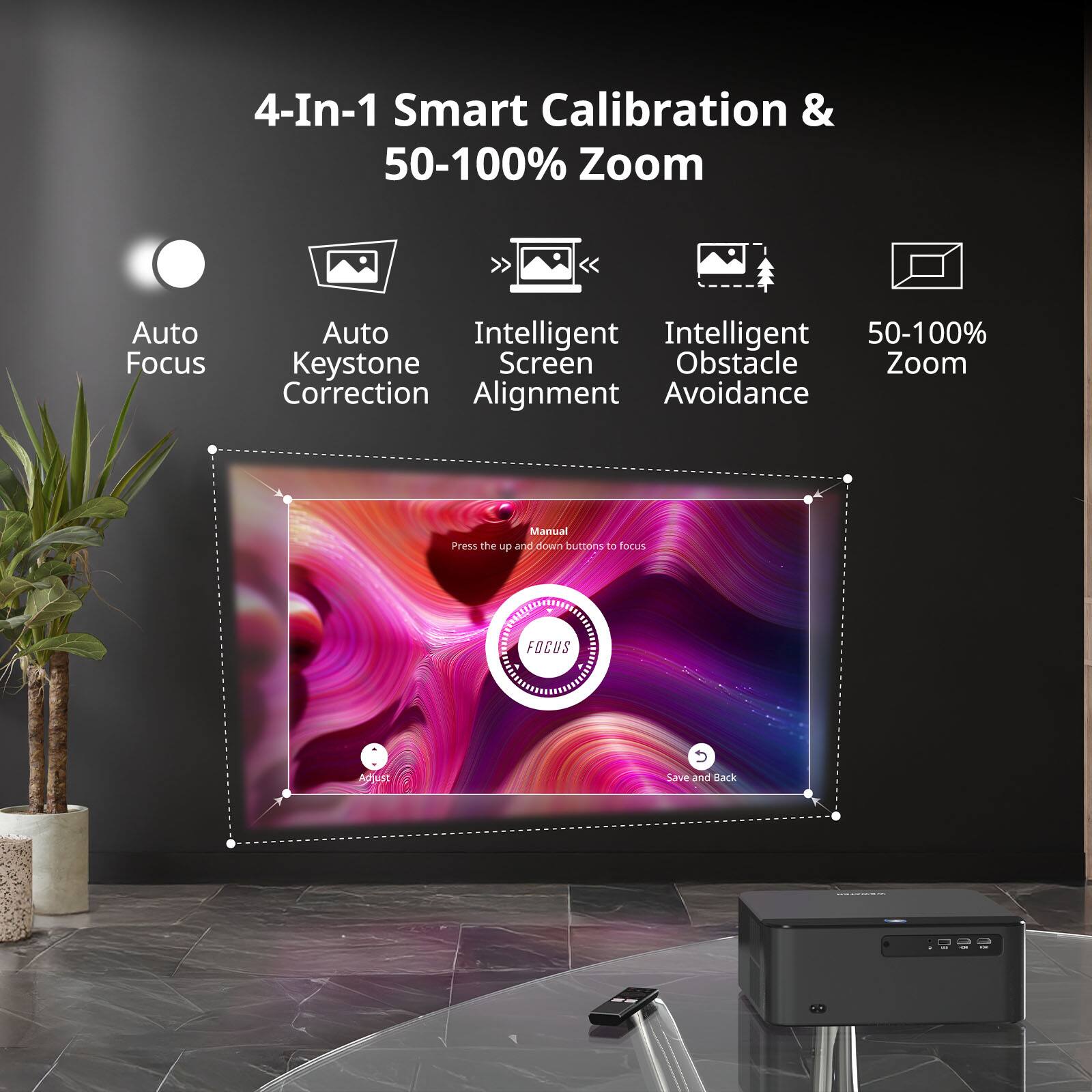 4-In-1 Smart Calibration & 50-100% Zoom

Auto Focus  
Auto Keystone Correction  
Intelligent Screen Alignment  
Intelligent Obstacle Avoidance  
50-100% Zoom  

Press the up and down buttons to focus  
Manual  
FOCUS  
Adjust  
Save and Back