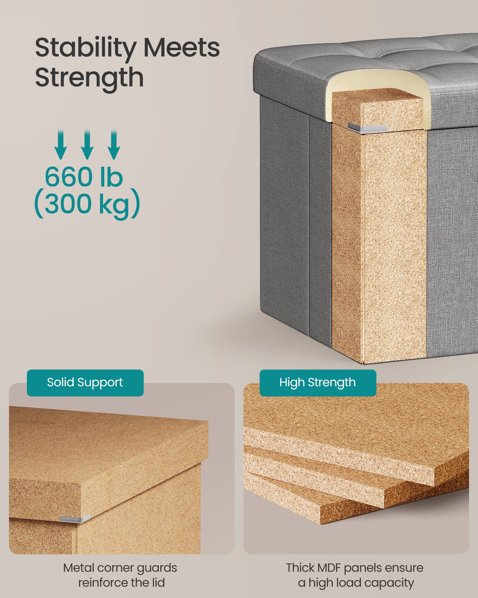 Stability Meets Strength

660 lb (300 kg)

Solid Support

High Strength

Metal corner guards reinforce the lid

Thick MDF panels ensure a high load capacity