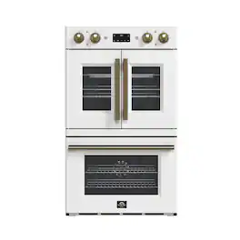 Forno Appliances - Asti 7.36 Cu. Ft. Electric Double Wall Oven with Upper French Doors and Antique Brass Accents - White
