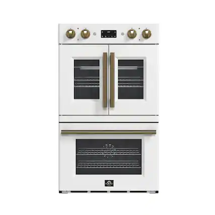 Front. Forno Appliances - Asti 7.36 Cu. Ft. Electric Double Wall Oven with Upper French Doors and Antique Brass Accents - White.