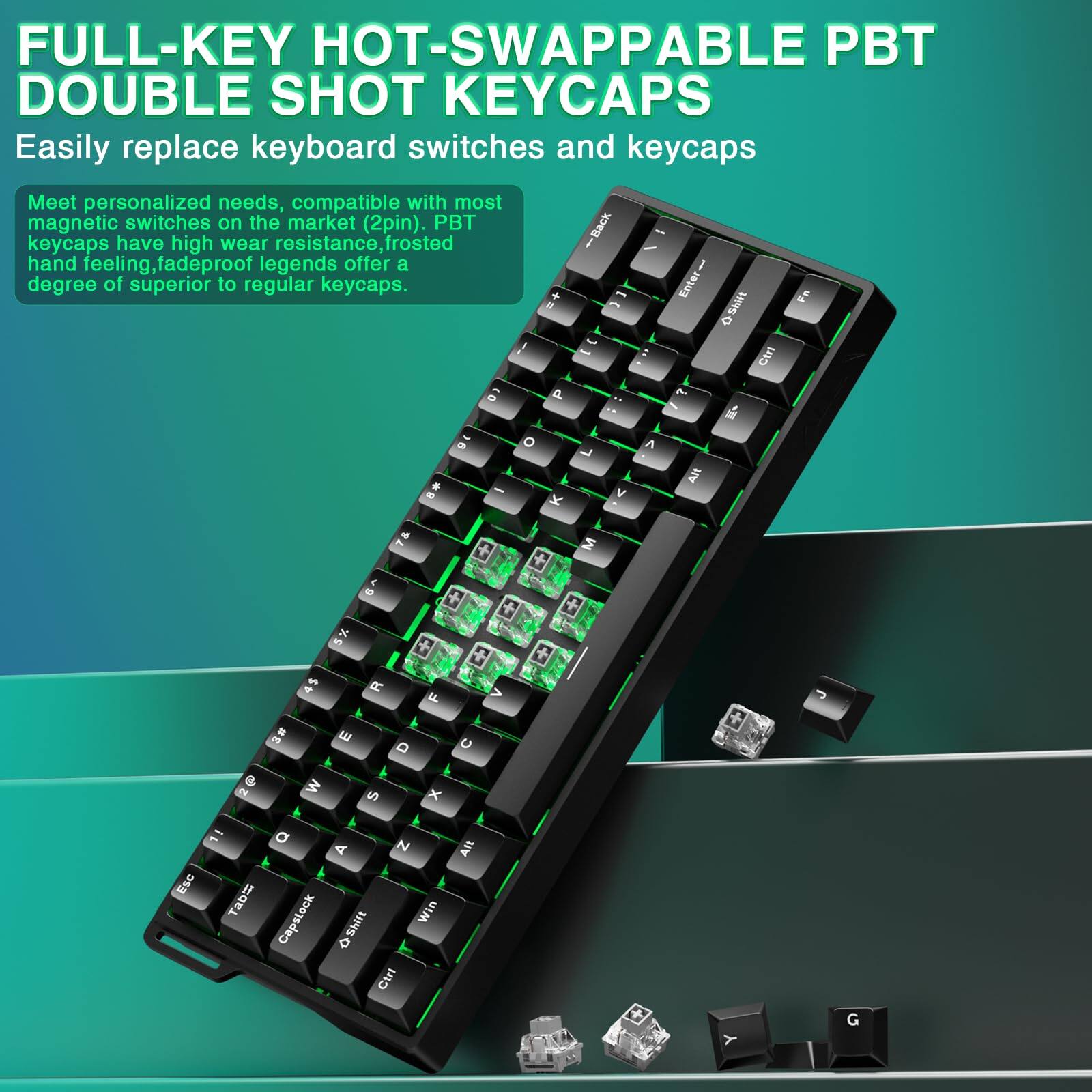 FULL-KEY HOT-SWAPPABLE PBT DOUBLE SHOT KEYCAPS

Easily replace keyboard switches and keycaps

Meet personalized needs, compatible with most magnetic switches on the market (2pin). PBT keycaps have high wear resistance, frosted hand feeling, fadeproof legends offer a degree of superior to regular keycaps.