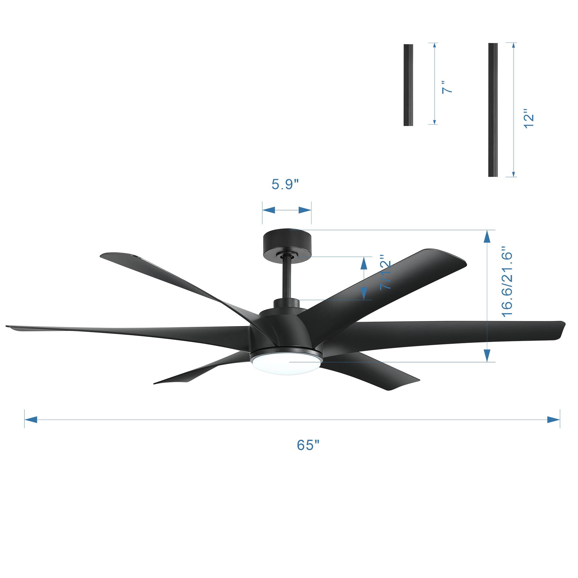 7", 12", 5.9", 2' 7/12", 16.6/21.6", 65"