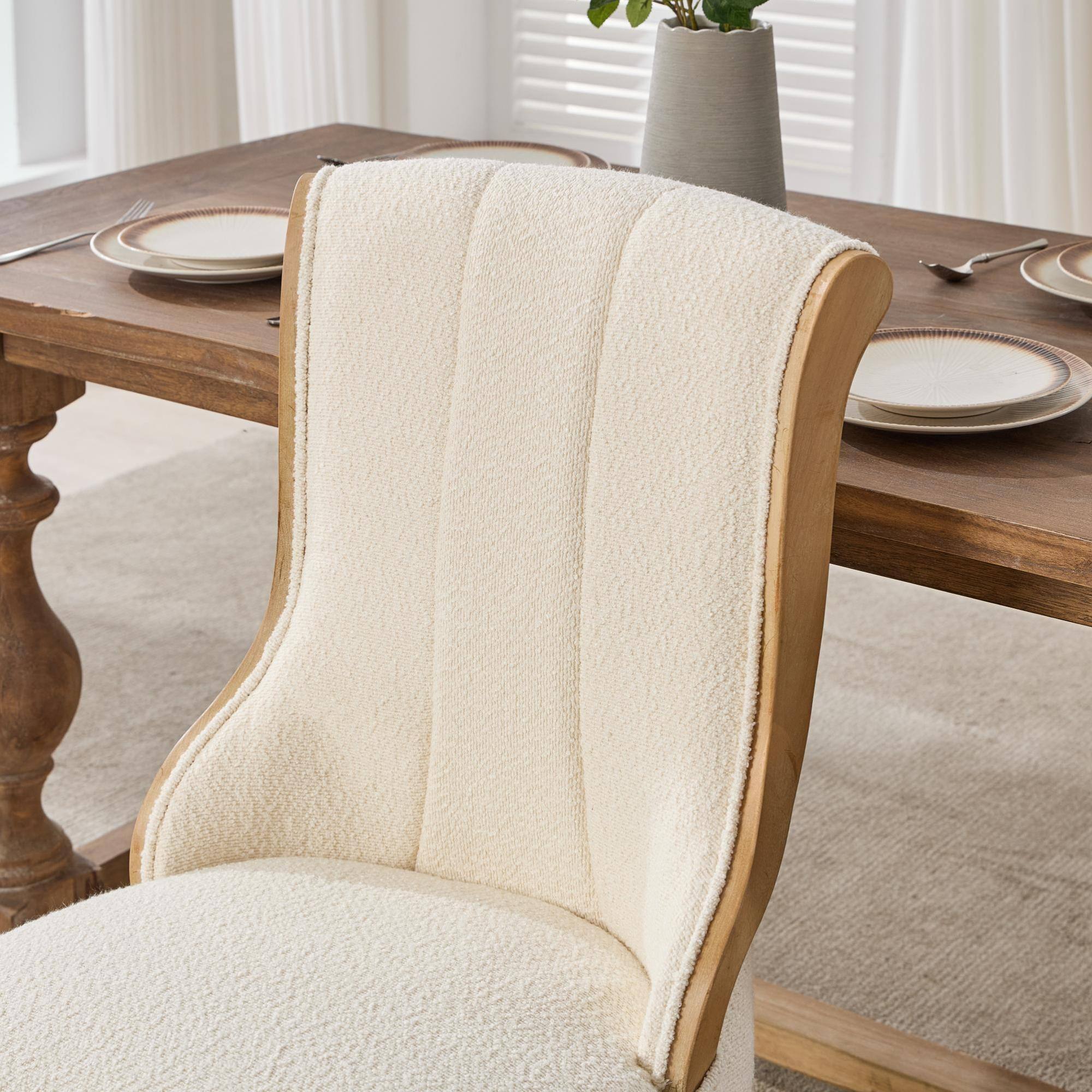 Alt View 6. GOODSILO - Mid-Century Modern Upholstered Dining Chairs with Curved Wood Trim and Sculpted Legs, Set of Two in Neutral Beige Fabric - Beige.