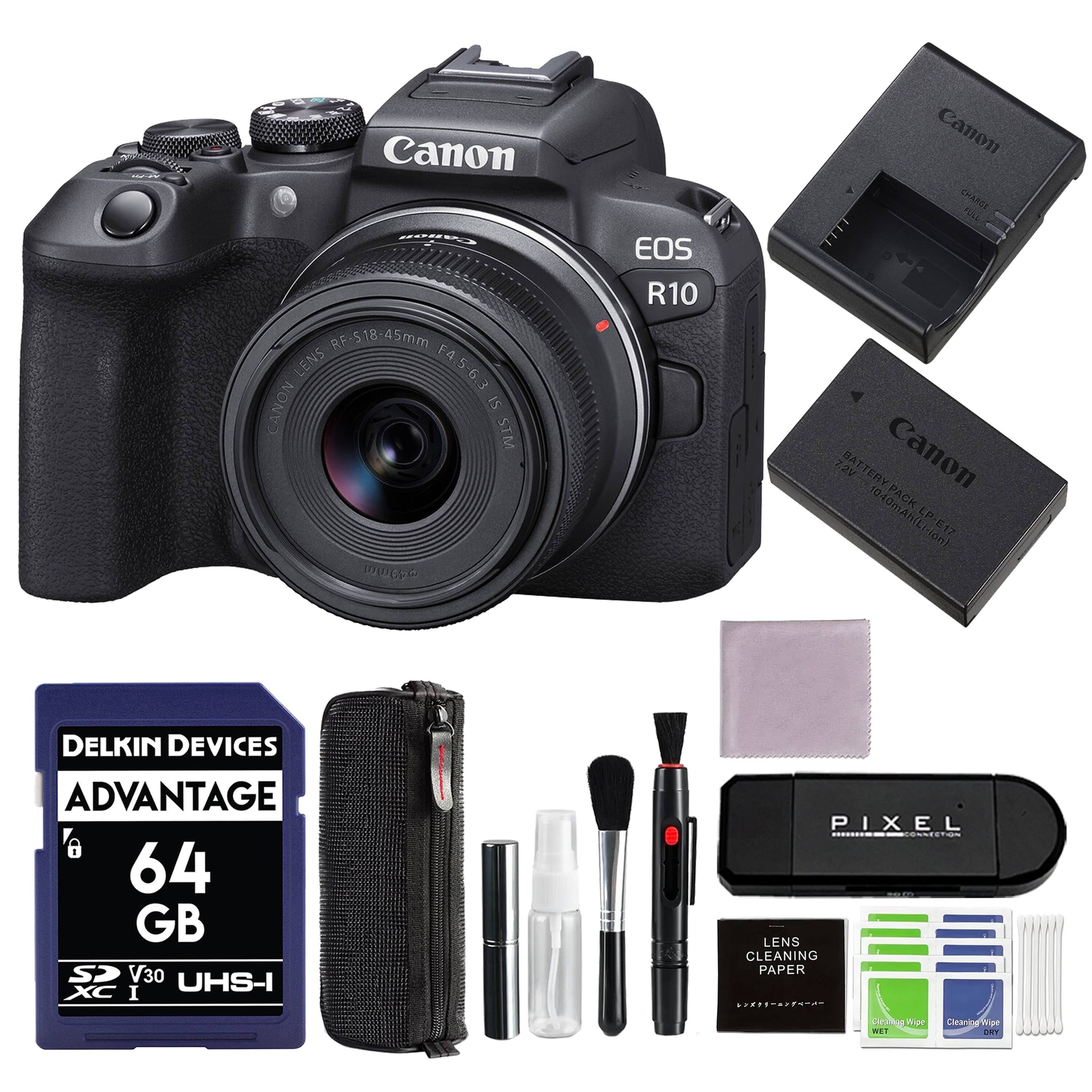 Canon EOS R10 with RF 18-45mm F4.5-6.3 IS STM Lens  
Canon BP-17 Battery Charger  
Canon LP-E17 Battery  
Canon 1040mAh Battery Pack  
Delkin Devices Advantage 64GB SDXC UHS-I Card  
Pixel Lens Cleaning Kit  
Lens Cleaning Paper