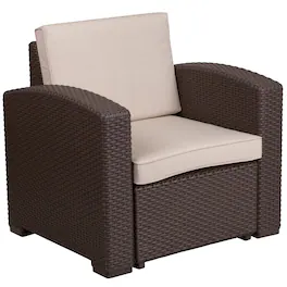 Emma + Oliver - Faux Rattan Chair with All-Weather Cushion - Beige Cushions/Chocolate Brown Frame