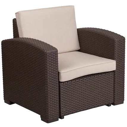 Front. Emma + Oliver - Faux Rattan Chair with All-Weather Cushion - Beige Cushions/Chocolate Brown Frame.