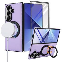Dteck - Magnetic Case for Samsung Galaxy Z Fold7 with Ring Kickstand,Built-in Screen Protector,Faux Leather Shockproof Cover - Lightpurple