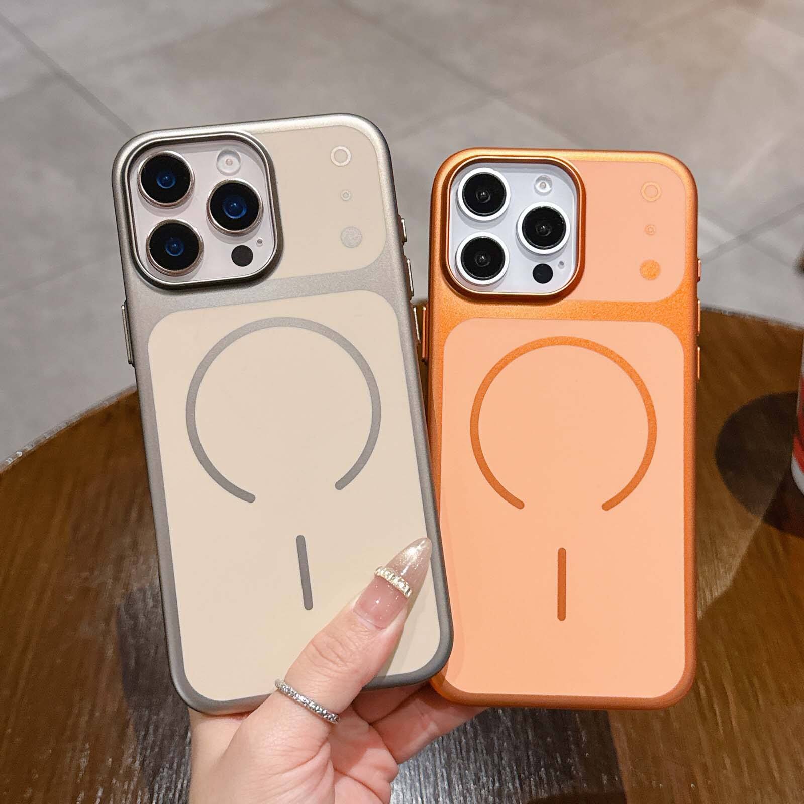 Back. Dteck - for Apple iPhone 16 Pro Hard PC Magnetic Case,Matte Metallic Texture Back Anti-Scratch Wireless Charging Cover - Orange.