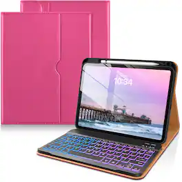 DTTO - Detachable Backlit Keyboard Case for iPad 11th/10th Gen (2025/2022) - Leather Cover w/ Pencil Holder & Pocket - Rose Red