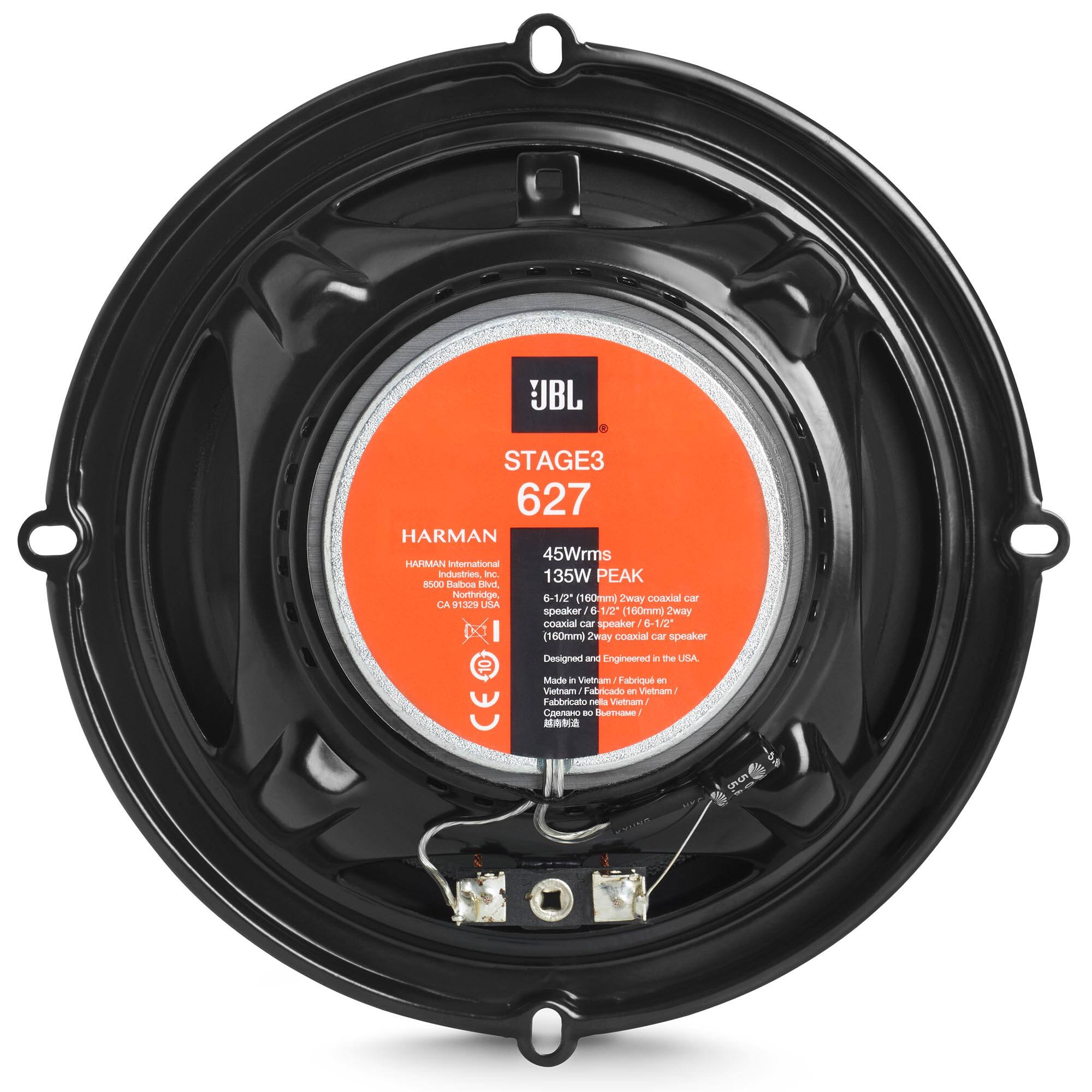 JBL STAGE3 627  
HARMAN 45Wrms  
HARMAN International Industries  
135W PEAK  
8500 Balboa Blvd.  
Northridge, CA 91329 USA  

6-1/2" (160mm) Coaxial Car Speaker  
Designed and Engineered in the USA  
Made in Vietnam  
Fabricado en Vietnam  
Fabbricato in Vietnam  
CE
