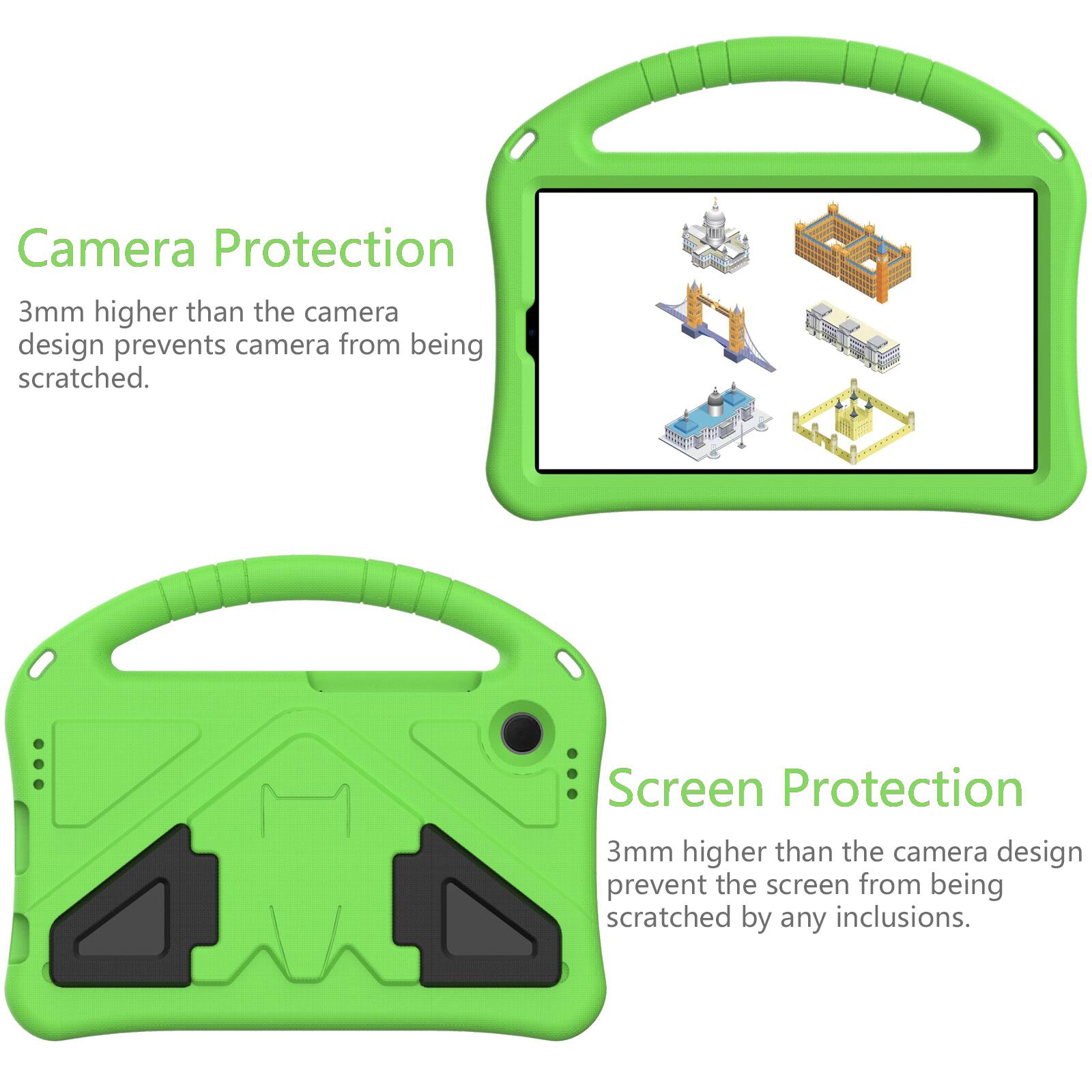Camera Protection  
3mm higher than the camera design prevents camera from being scratched.  

Screen Protection  
3mm higher than the camera design prevents the screen from being scratched by any inclusions.