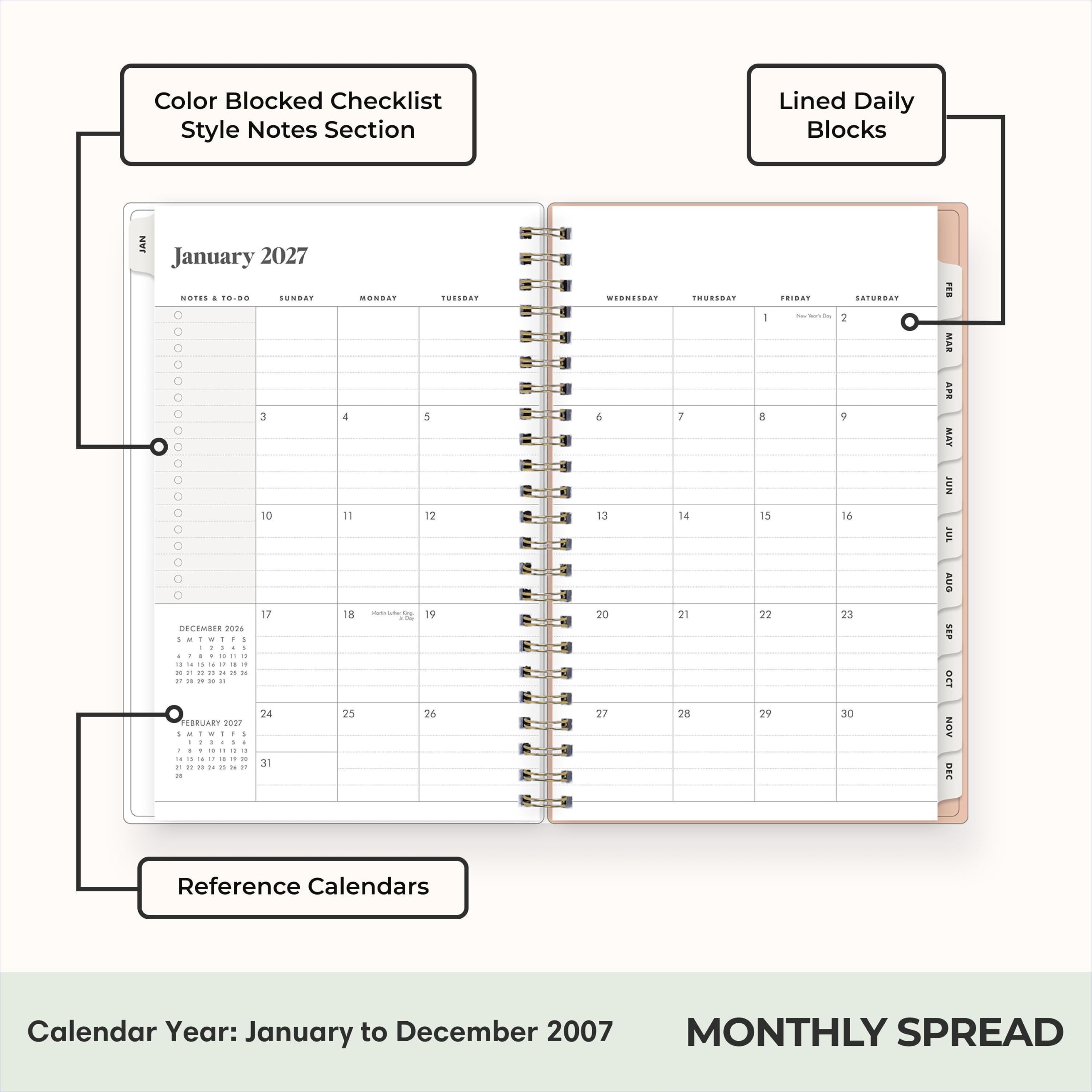 Color Blocked Checklist Style Notes Section  
Lined Daily Blocks  
JAN January 2027  
NOTES : 10:00 SUNDAY 0 0 0 0 0 3 0 0 0 0 0 0 10 0 17  
DECEMBER 2026 5 X : w : - 5 3 4 - 4 1 1 6 + 1 10 18 . 15 + U 11 10 x 3 4 24  
FEBRUARY 2027 1 : Y - - i 1 1 1 I 1 1 L . 10 11 0 4 is 14 19 14 . 11 = 31 14 15 a  
MONDAY 4 11 18 Infell 3:09 25  
TUESDAY 5 12 19 26  
WEDNESDAY 6 13 20 27  
THURSDAY 7 14 21 