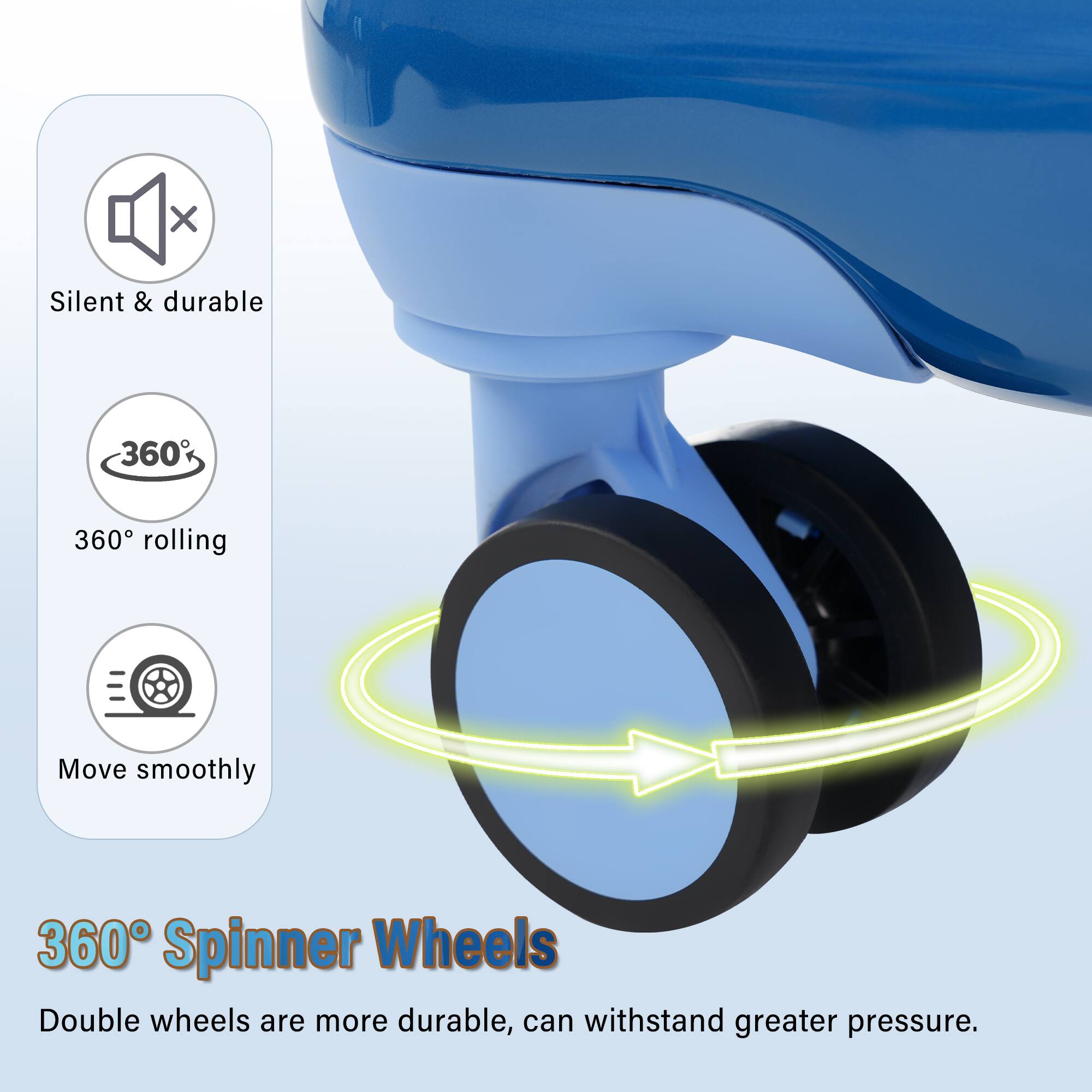 Silent & durable

360° rolling

Move smoothly

360° Spinner Wheels

Double wheels are more durable, can withstand greater pressure.