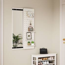 MERAVOM - Full Length Mirror with Shelf and Hooks, Wall Mirror with Shelf, Wall Mirror with Storage for Entryway, Living Room - White