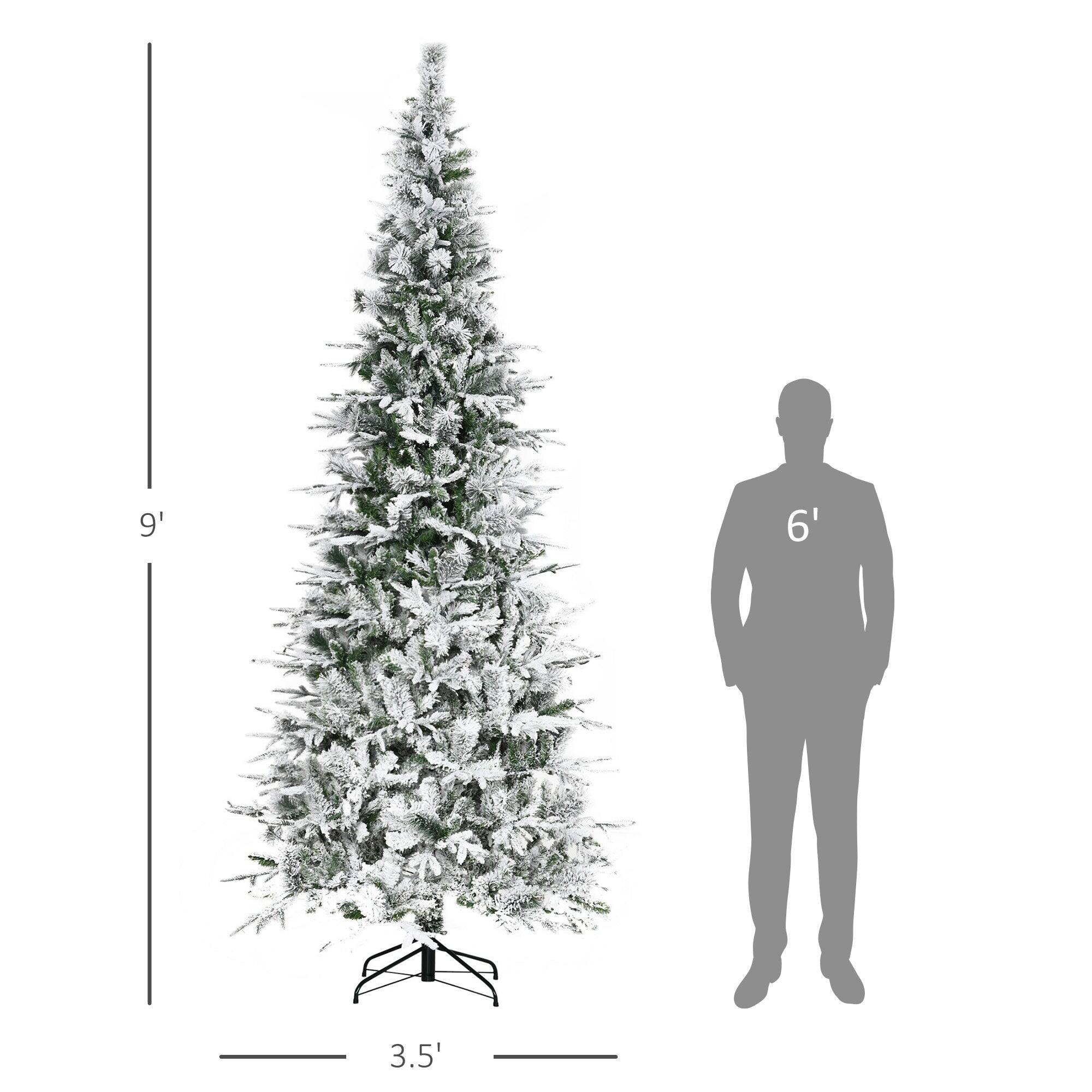 Left. BreeBe - 9 ft Unlit Snow Flocked Pine Artificial Christmas Tree with Realistic Branches and 1159 Tips - Green.