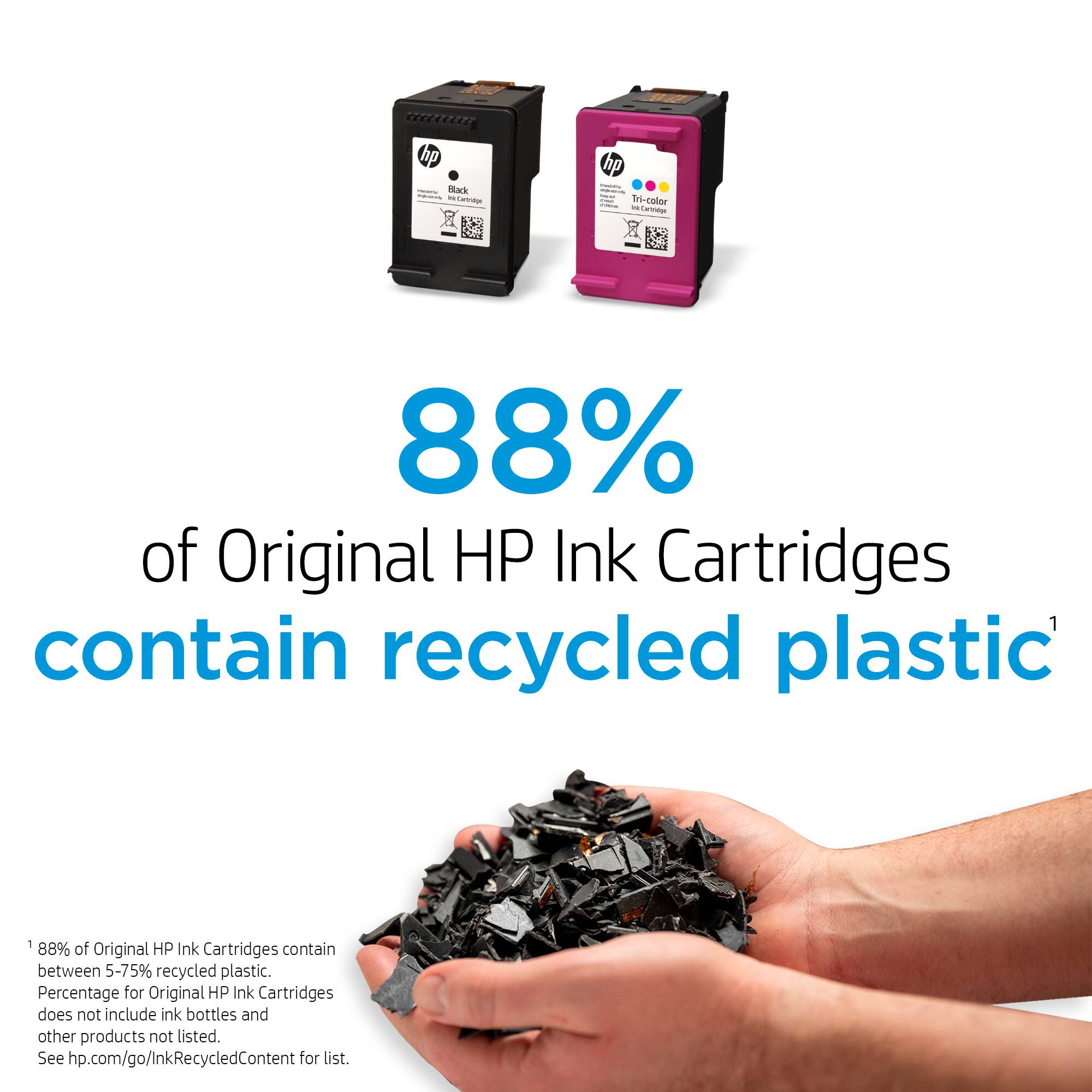 88% of Original HP Ink Cartridges contain recycled plastic

1. 88% of Original HP Ink Cartridges contain between 5-75% recycled plastic.
2. Percentage for Original HP Ink Cartridges does not include ink bottles and other products not listed.
3. See hp.com/go/InkRecycledContent for list.
