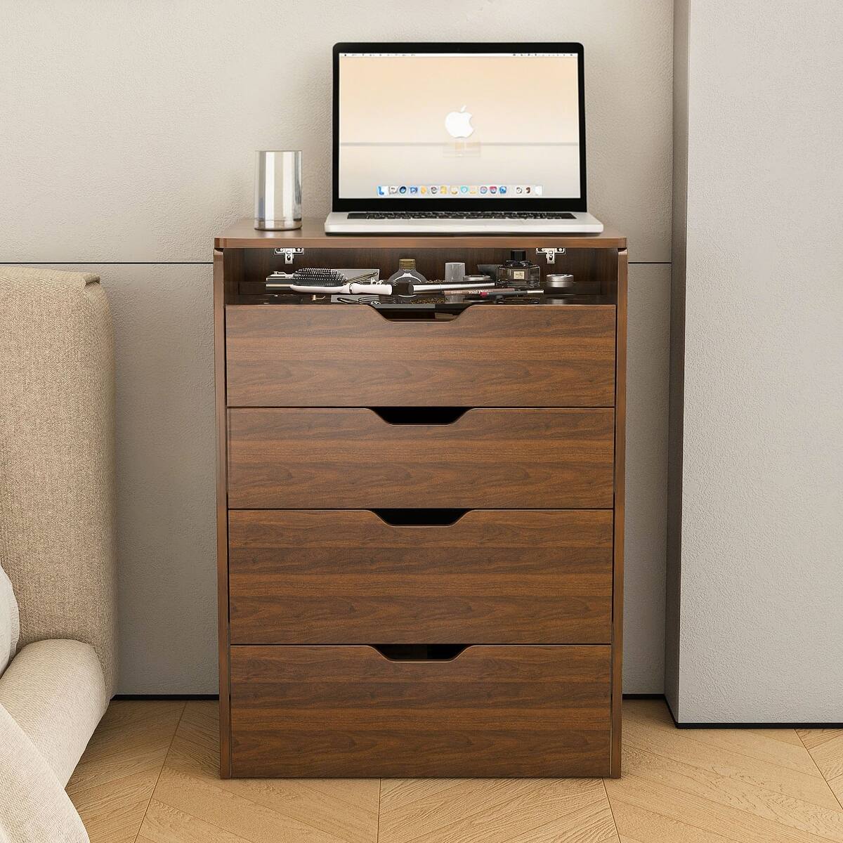 Alt View 9. Loheer - Loheer 3-in-1 Vanity Desk with Lighted Mirror, Flip-Top Storage Cabinet and Stool - Walnut.