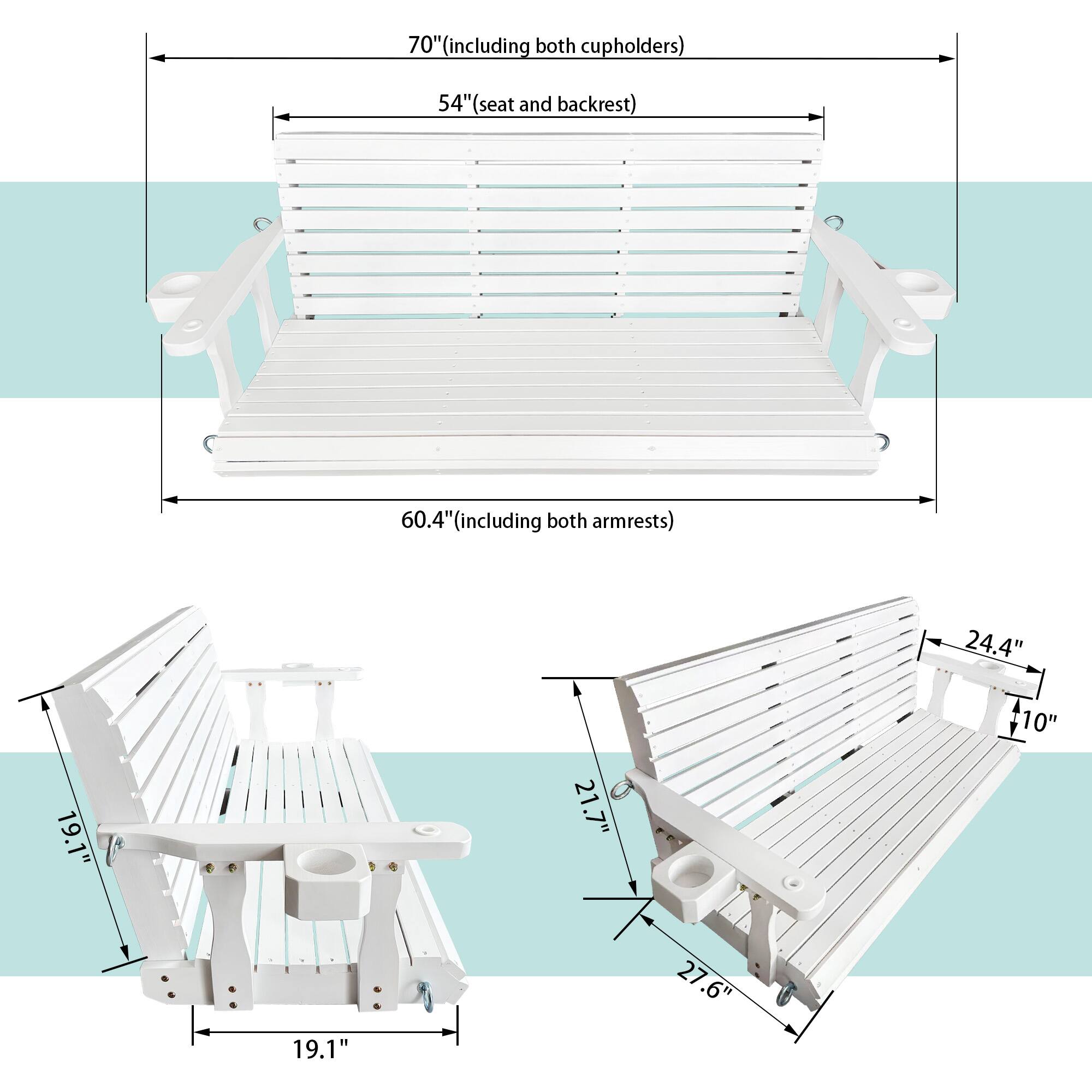 70" (including both cupholders)  
54" (seat and backrest)  
60.4" (including both armrests)  
24.4"  
19.1"  
21.7"  
10"  
19.1"  
27.6"
