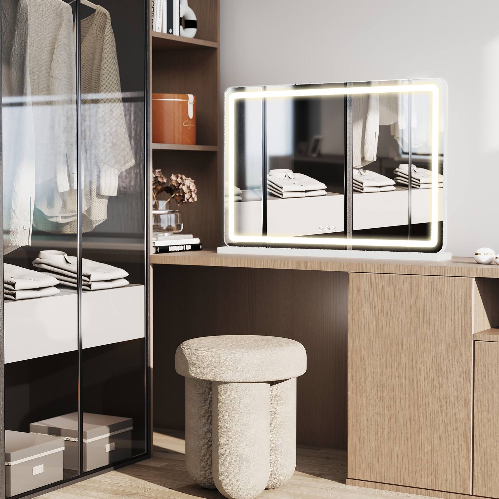 Left. AENKYO - 22"x32" Vanity Mirror LED Makeup Mirror with Dimmable 3 Color Modes, Touch Screen Control - White.