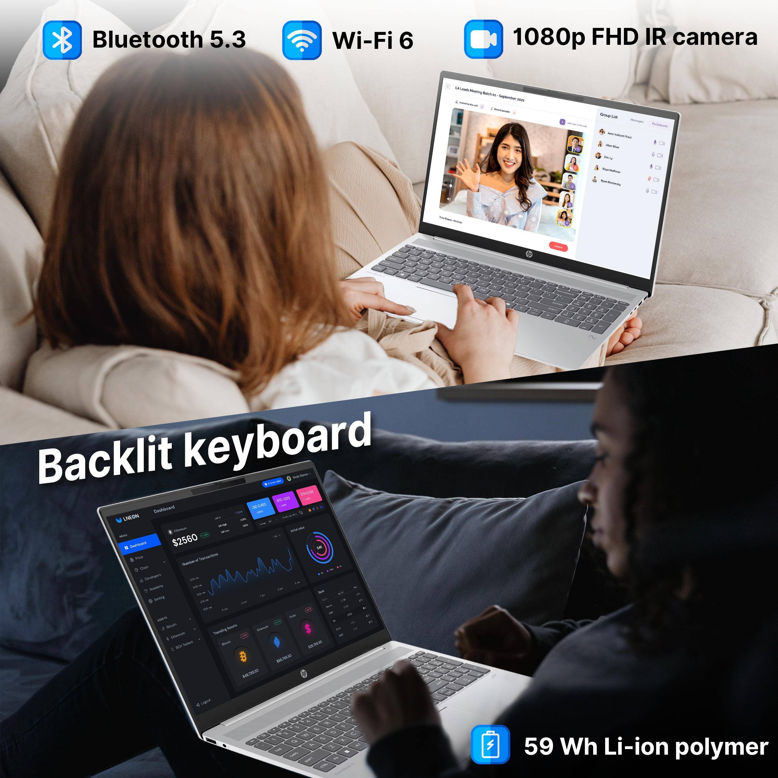 Bluetooth 5.3  
Wi-Fi 6  
1080p FHD IR camera  
Backlit keyboard  
59 Wh Li-ion polymer