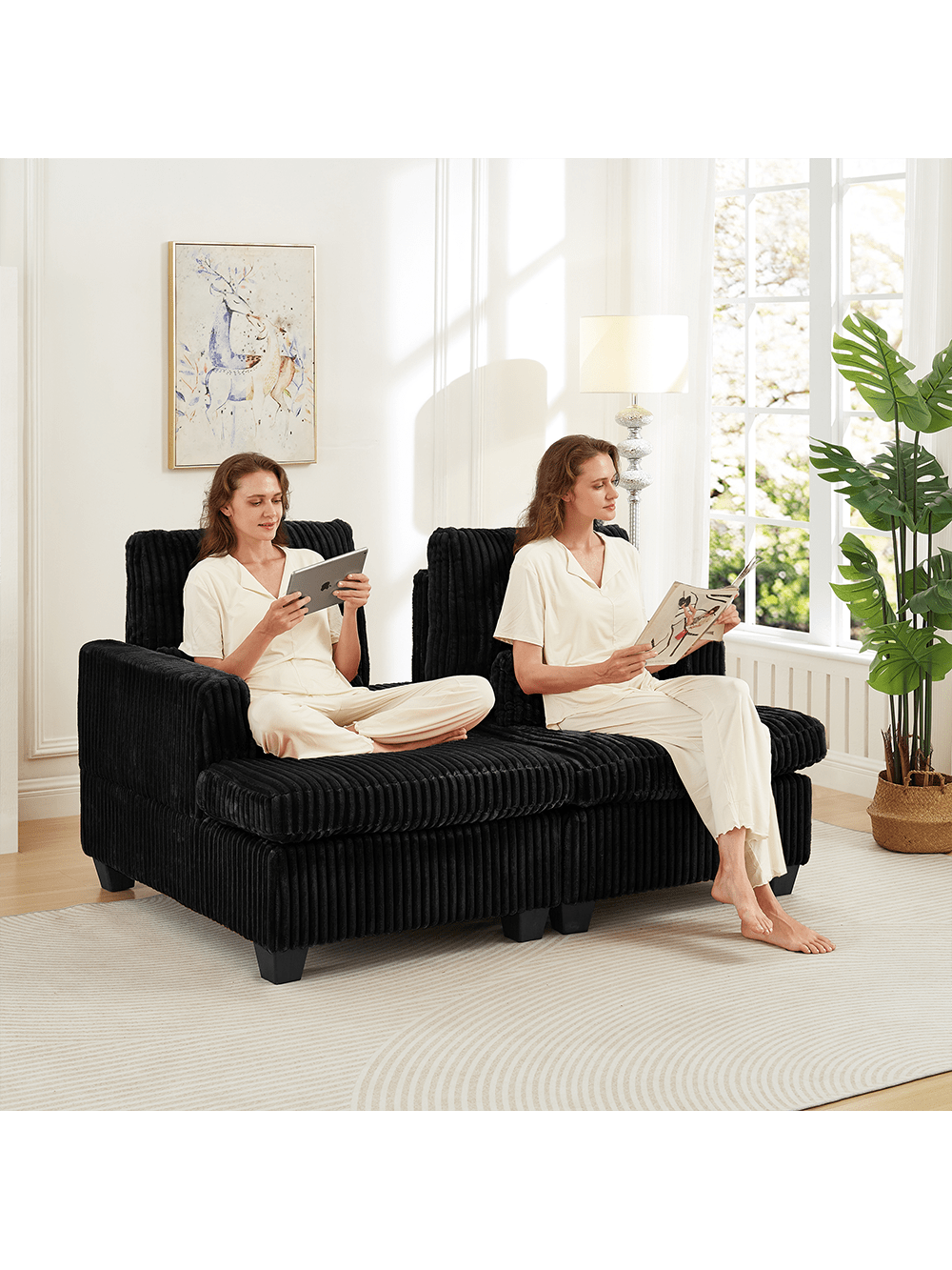 Angle. Trinkets Crazed - 61 Inch Corduroy Love Seat Sofa Couch With Square Armrest,Loveseat Sleeper Couch With Adjustable Back,Double Lounge - Black.