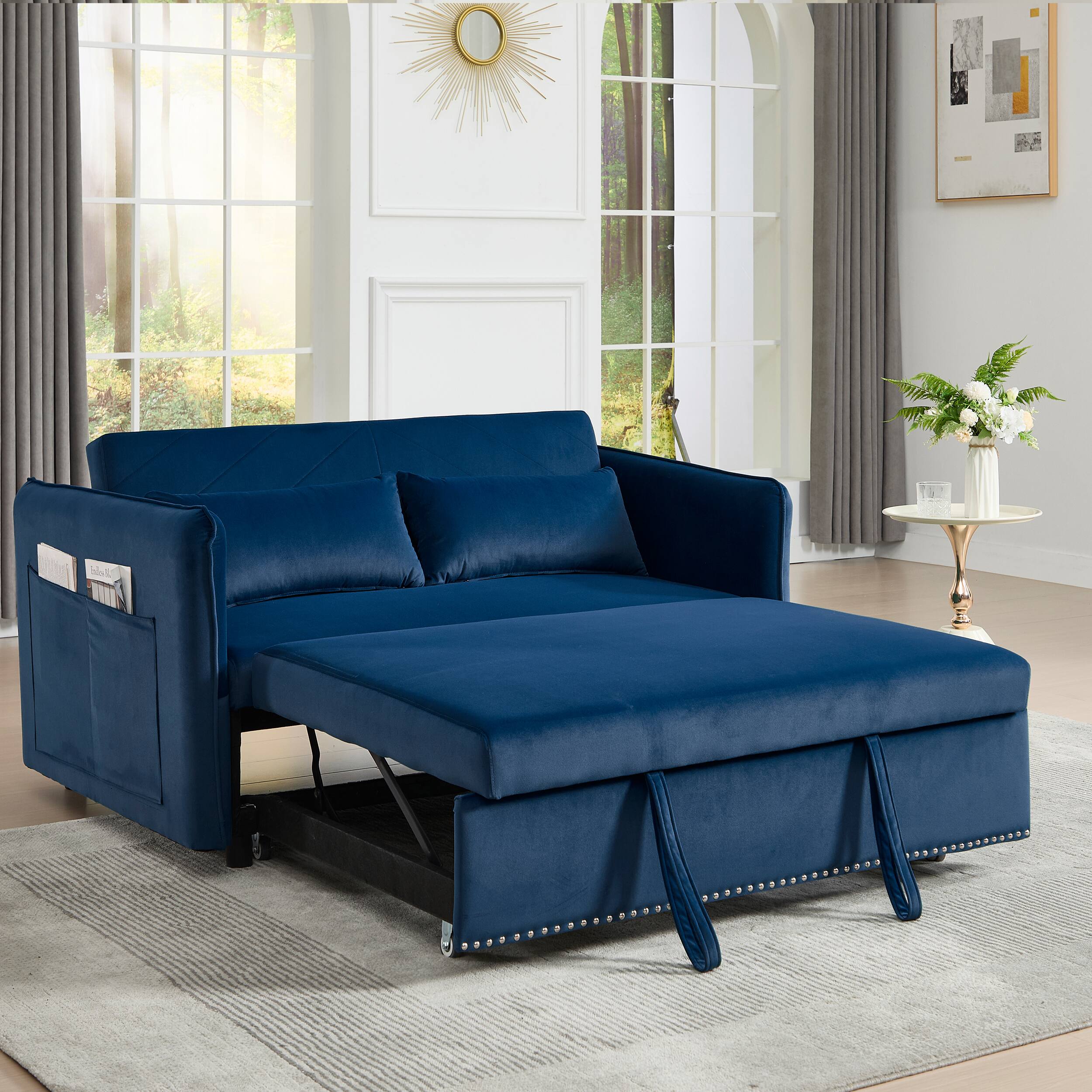 Back. Tiramisubest - 3 in 1 Convertible Sleeper Futon Sofa Bed,55" Velvet Loveseat with 2 Pillows,Reclining Backrest & Side Pockets,Blue - Blue.