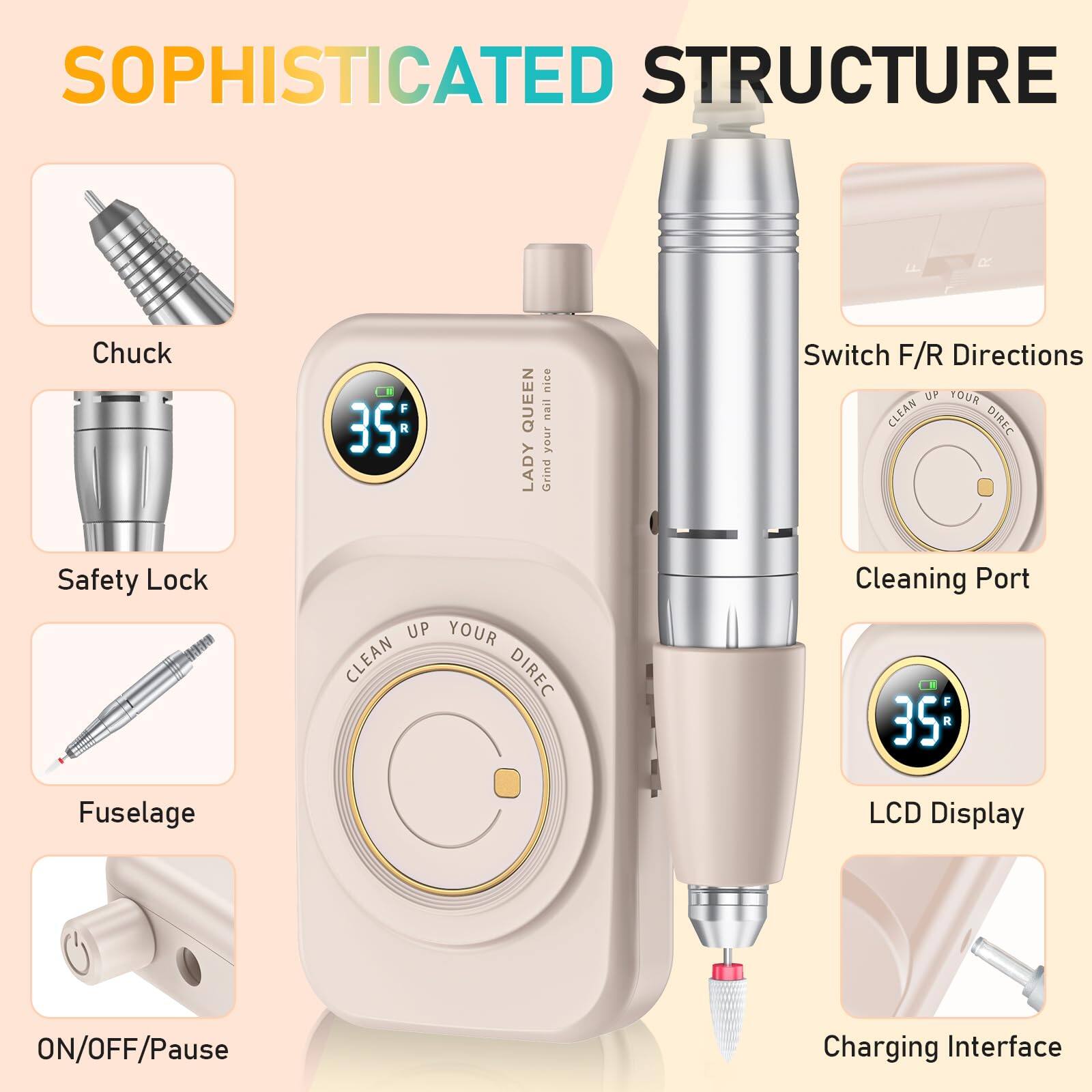SOPHISTICATED STRUCTURE

- Chuck
- Safety Lock
- Fuselage
- ON/OFF/Pause
- Switch F/R Directions
- Cleaning Port
- LCD Display
- Charging Interface