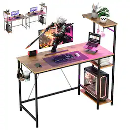 AWPLAY - 42" Gaming Desk with Reversible Storage Shelves Ergonomic LED Lights Computer Desk - Wood
