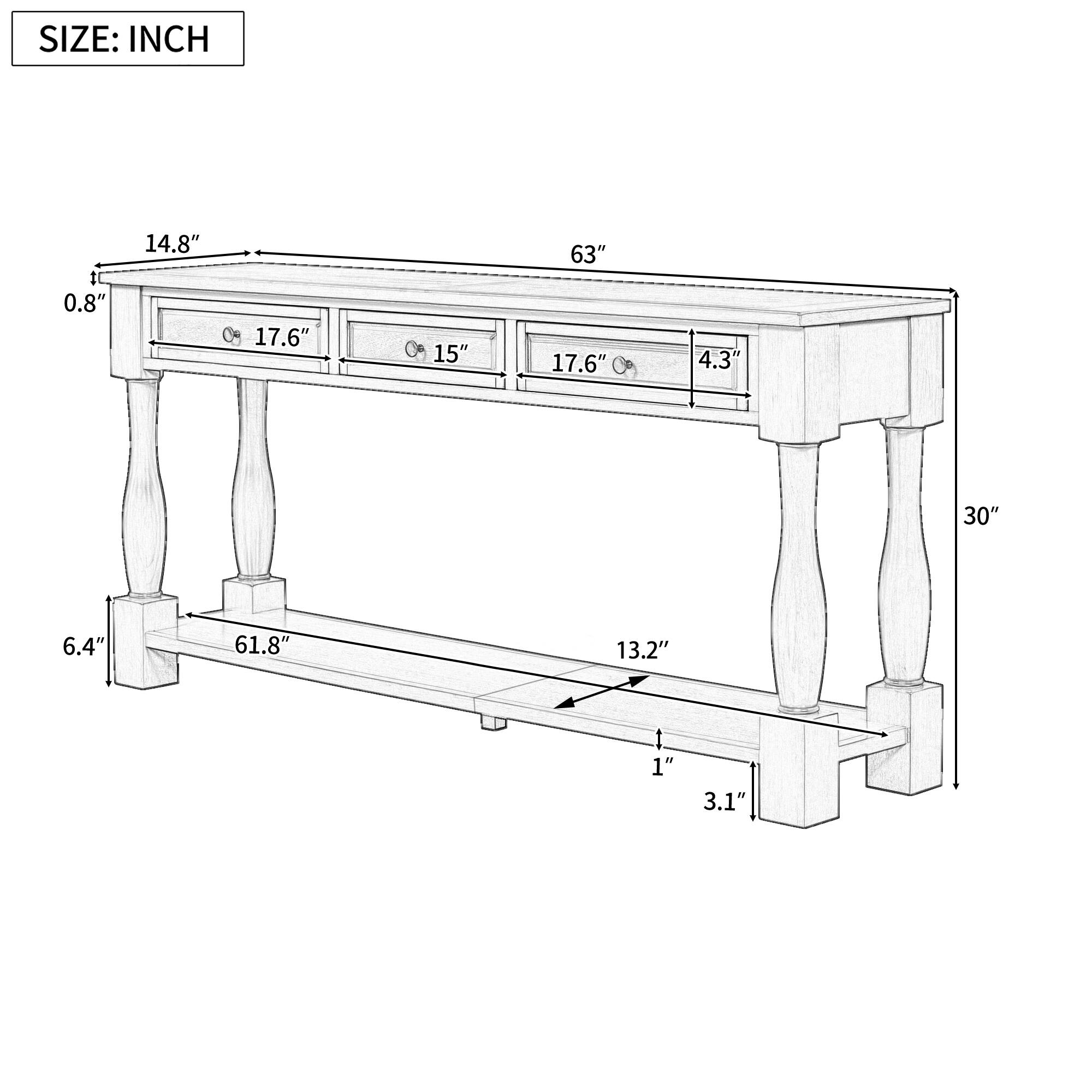 SIZE: INCH  
63"  
14.8"  
0.8"  
17.6"  
15"  
17.6"  
4.3"  
30"  
6.4"  
61.8"  
13.2"  
1"  
3.1"