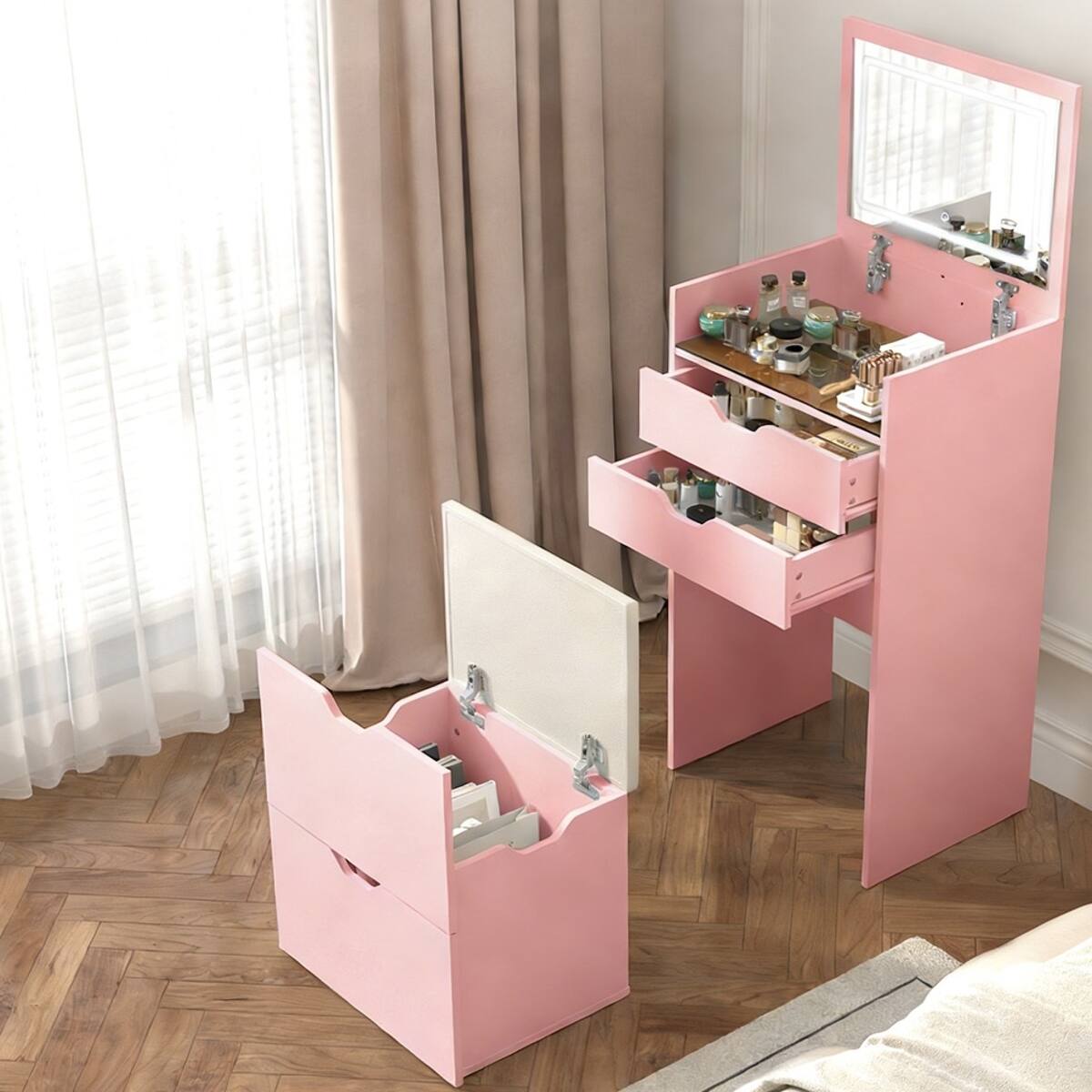 Angle. Loheer - Loheer Pink Makeup Vanity with Stool, Flip Up Mirror and Three Color Lights - Pink.