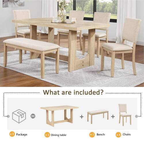 What are included?  
- 3 Packages  
- 1 Dining table  
- 1 Bench  
- 4 Chairs