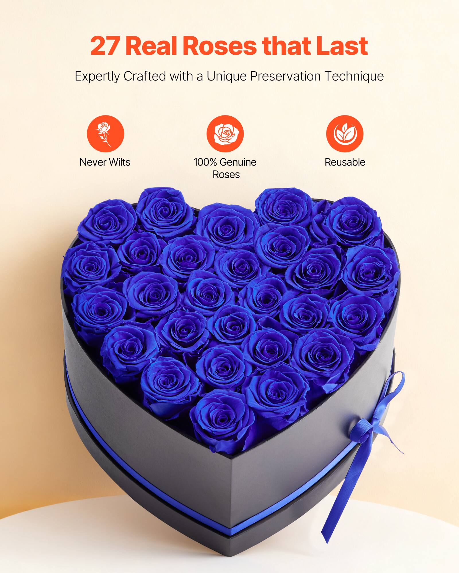 27 Real Roses that Last  
Expertly Crafted with a Unique Preservation Technique  

- Never Wilts  
- 100% Genuine Roses  
- Reusable