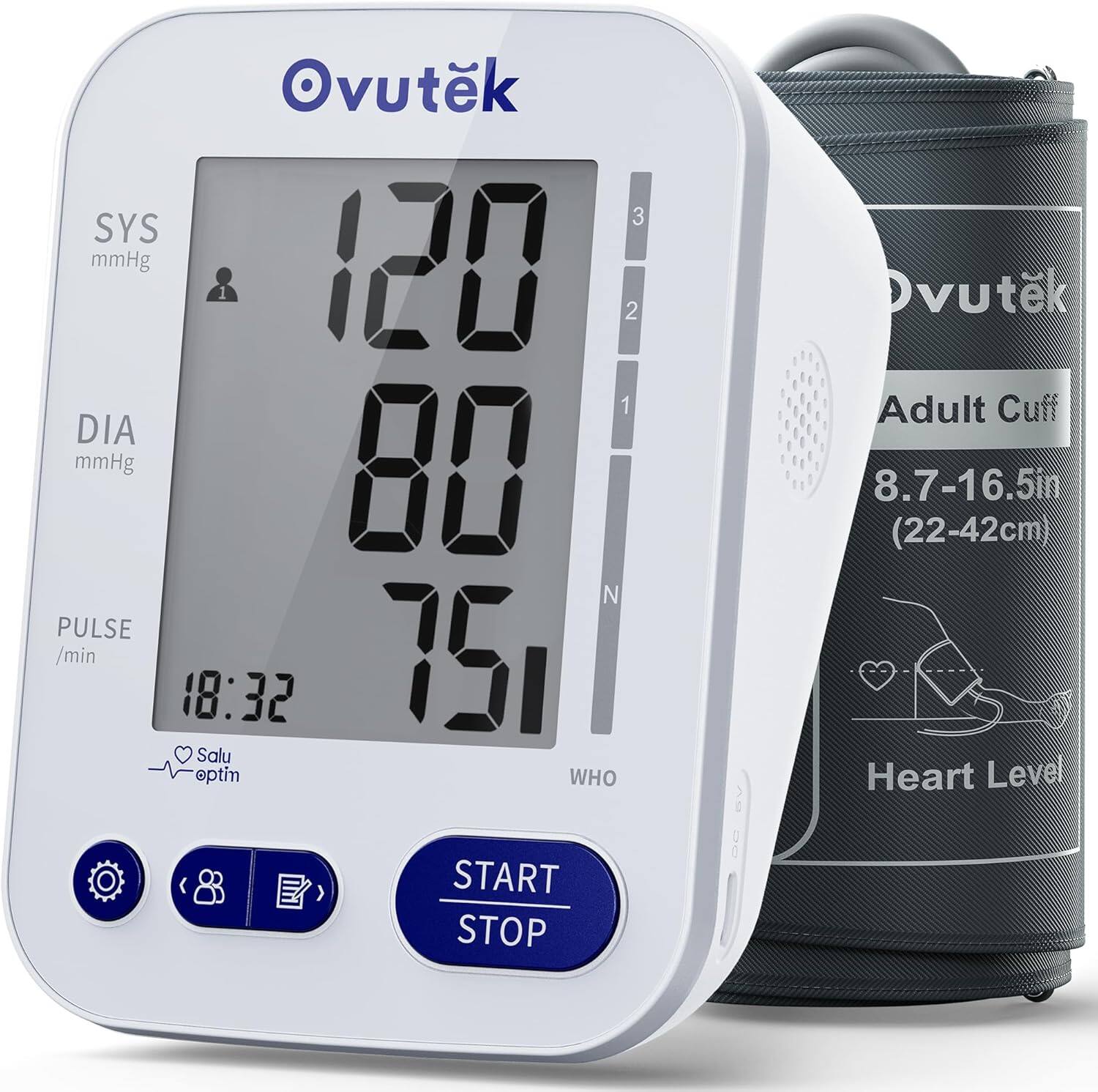 Ovuték

SYS mmHg 120  
DIA mmHg 80  
PULSE /min 75  
18:32  

Salu optim  

START STOP  

WHO  

Adult Cuff 8.7-16.5in (22-42cm)  
Heart Level