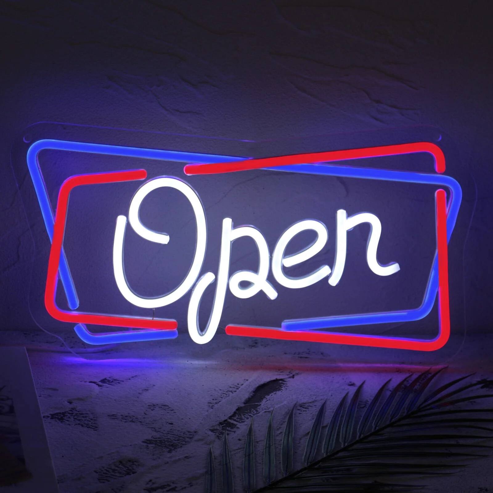 Auledio - "Open" LED Neon Sign - Adjustable Brightness, Blue & Red Frame Adjustable Brightness for Shops,Restaurants,Bar - multicolour