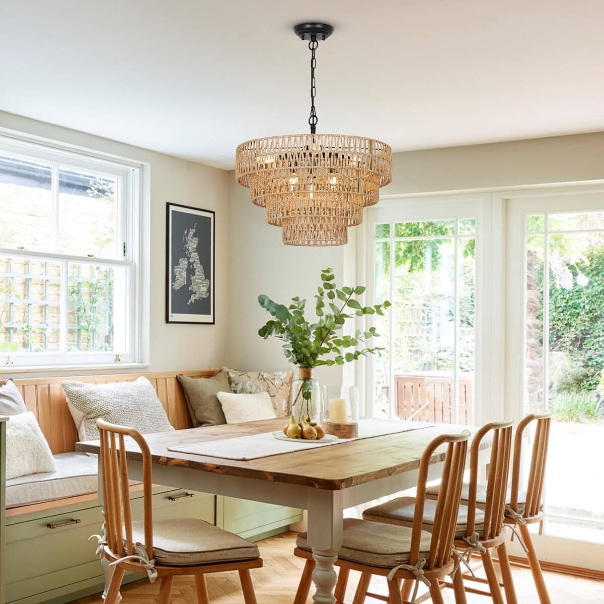 Left. Loheer - Loheer Six Light Rattan Chandelier with Four Tier Woven Shade for Dining Room.