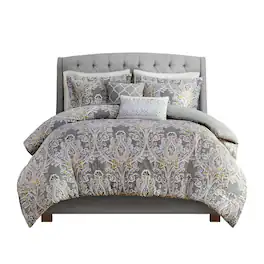 Gracie Mills - Brant Damask 5-Piece Cotton Duvet Cover Set - Gray