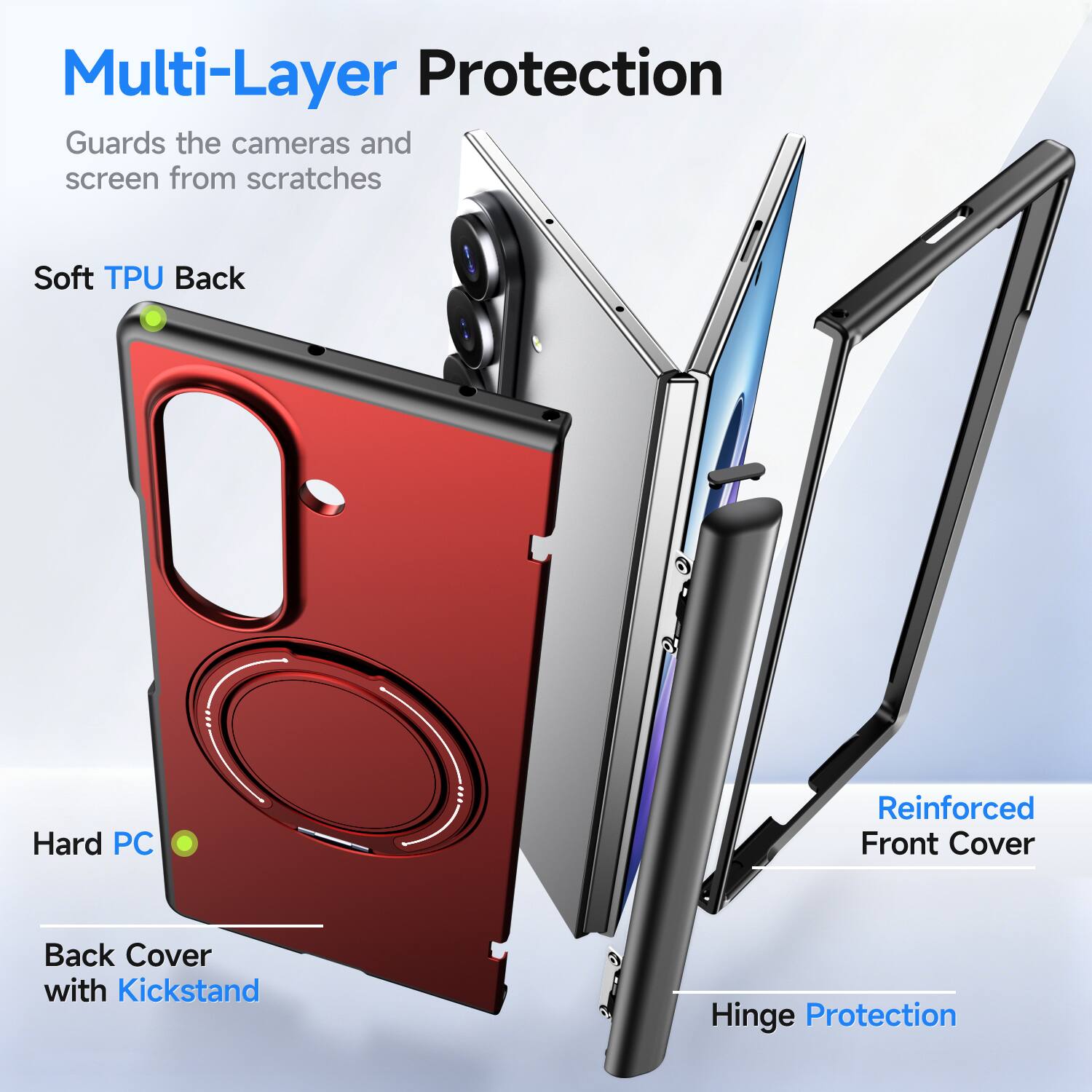 Multi-Layer Protection  
Guards the cameras and screen from scratches  

Soft TPU Back  
Hard PC  
Reinforced Front Cover  
Back Cover with Kickstand  
Hinge Protection
