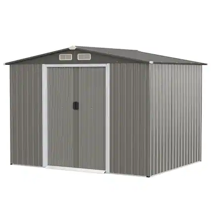 Front. Costway - 8'x6' Outdoor Storage Shed Galvanized Steel Tool House Organizer for Garden Yard - Light Grey.